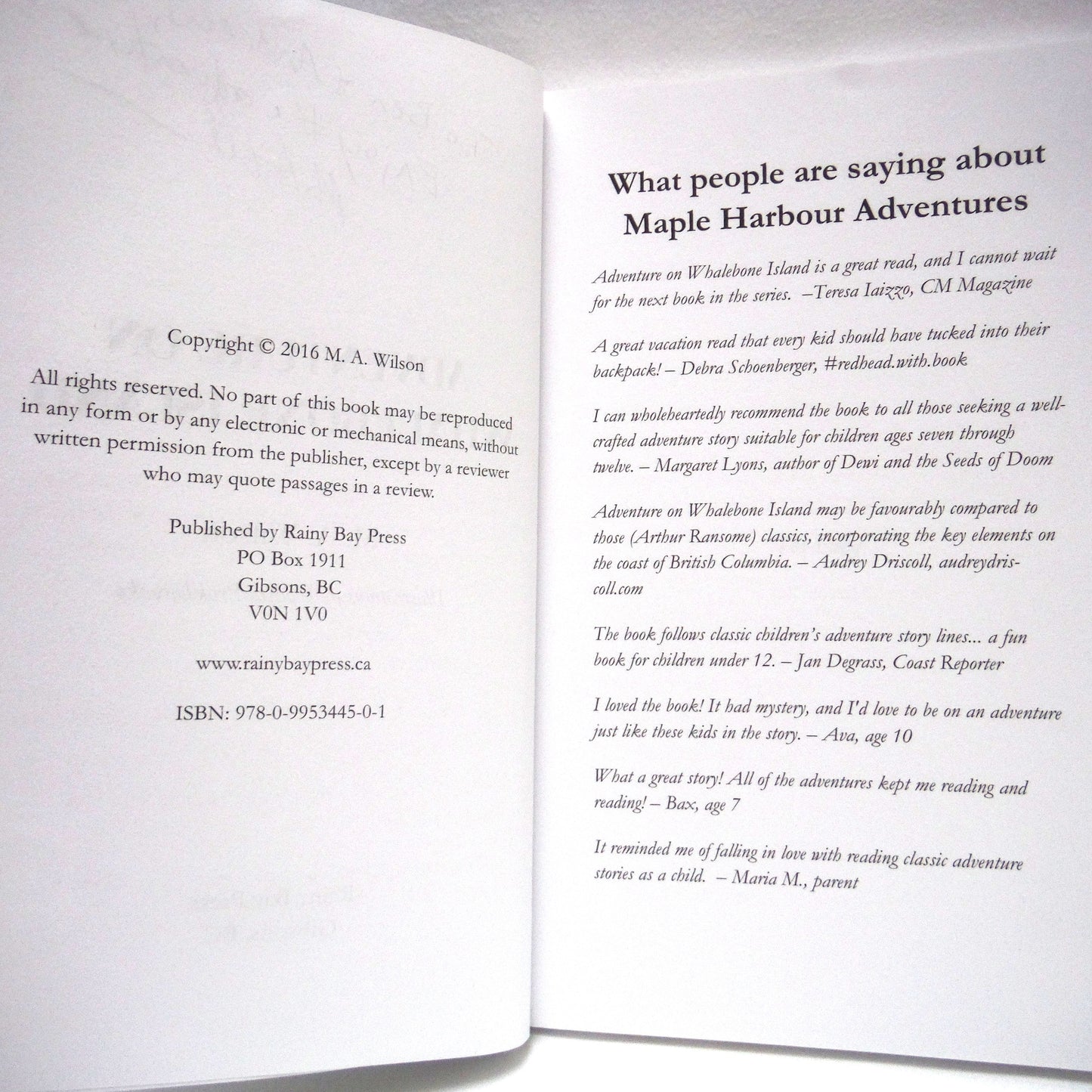 ADVENTURE ON WHALEBONE ISLAND, A Maple Harbour Young Readers Adventure, by M.A. Wilson (1st Ed. SIGNED)