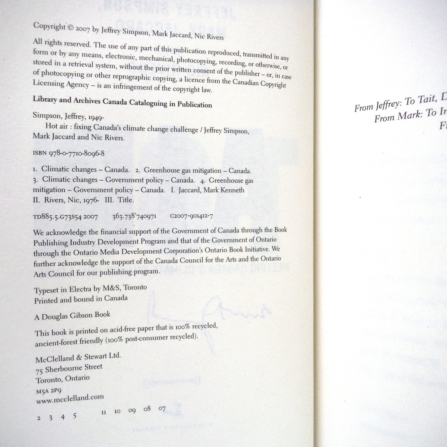 HOT AIR, Meeting Canada's Climate Change Challenge, by Jeffrey Simpson, Mark Jaccard and Nic Rivers (1st Ed. SIGNED)