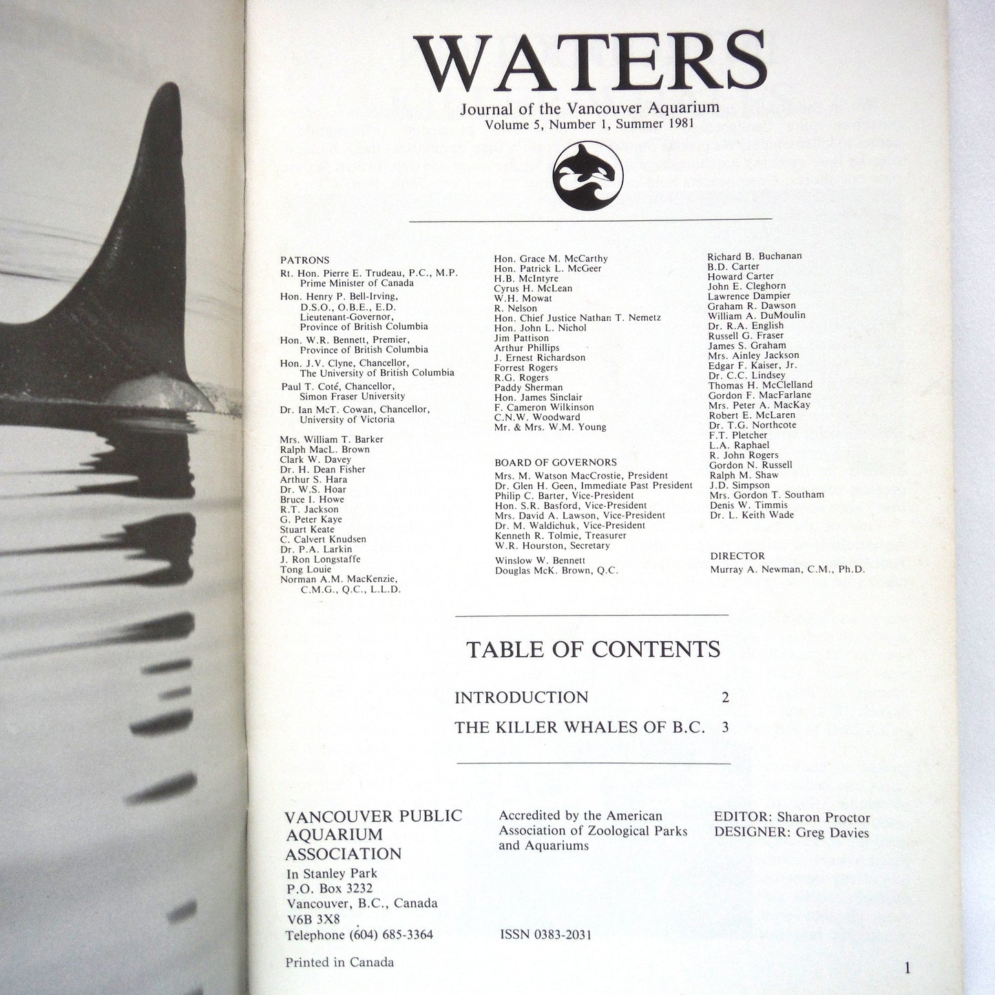 WATERS, Journal of the Vancouver Aquarium, Vol 5, Number 1, Summer 1981: THE KILLER WHALES OF B.C. (1973 1st Ed.)