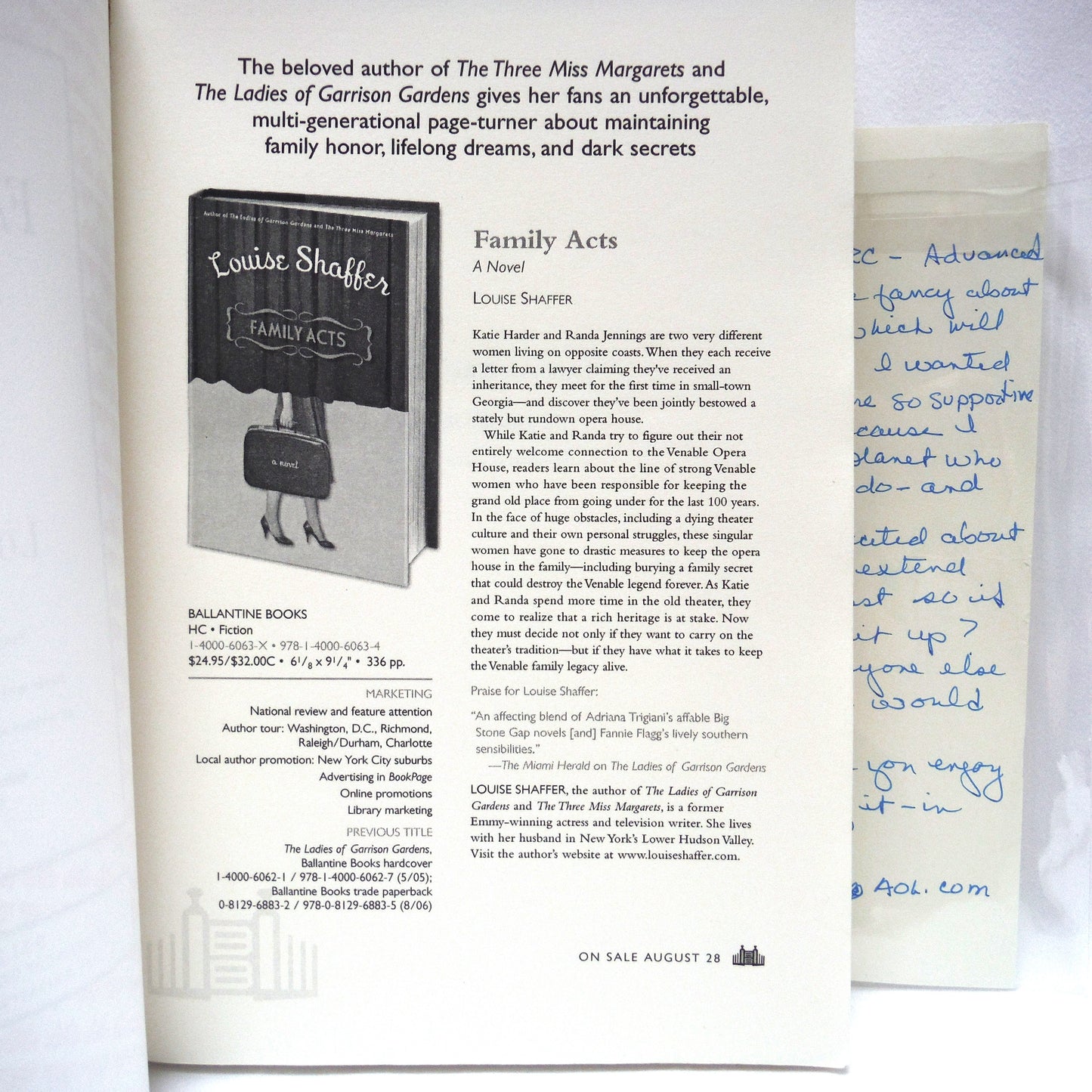 FAMILY ACTS, A Novel by Louise Shaffer. Bonus: Signed Letter (2007 1st Ed.)