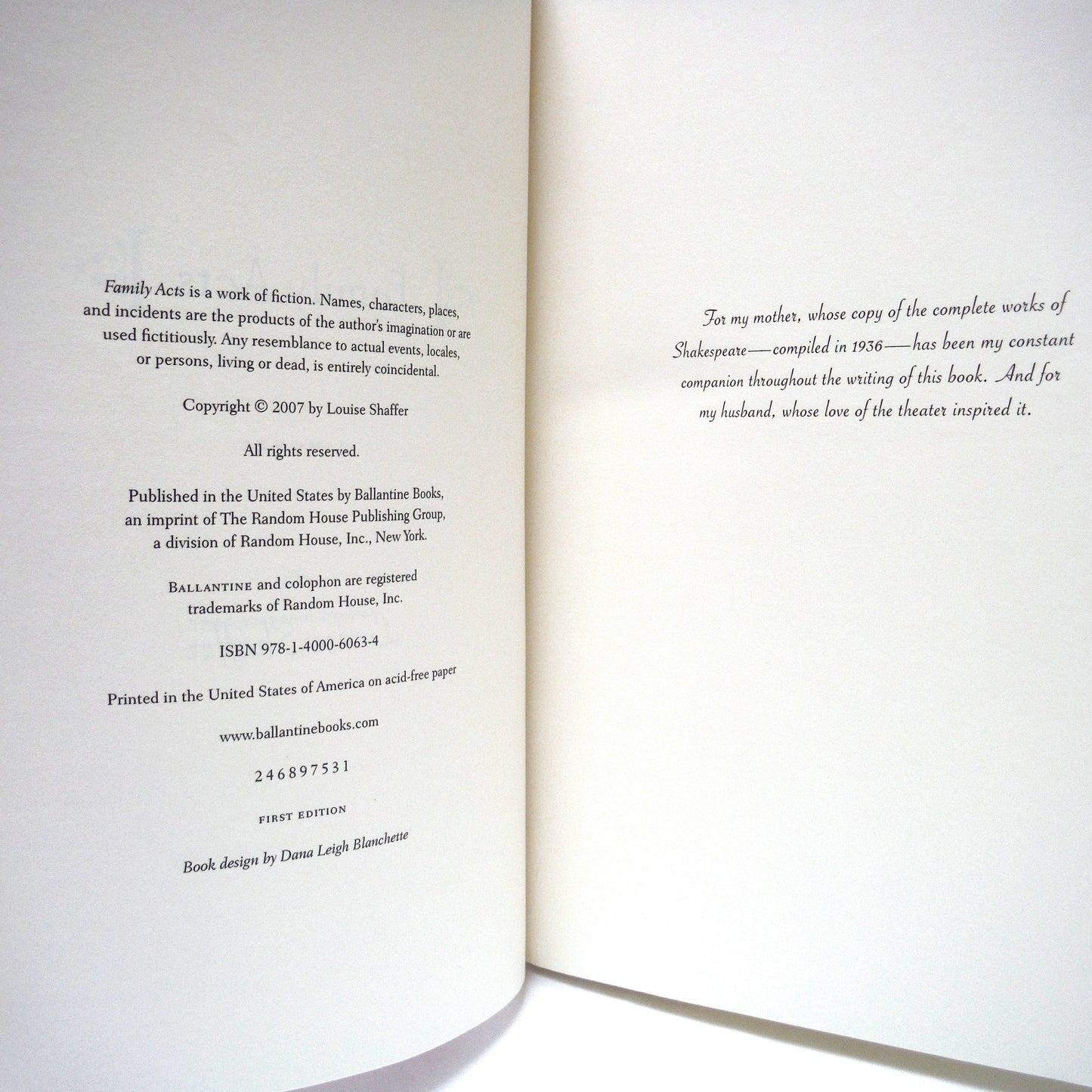 FAMILY ACTS, A Novel by Louise Shaffer. Bonus: Signed Letter (2007 1st Ed.)