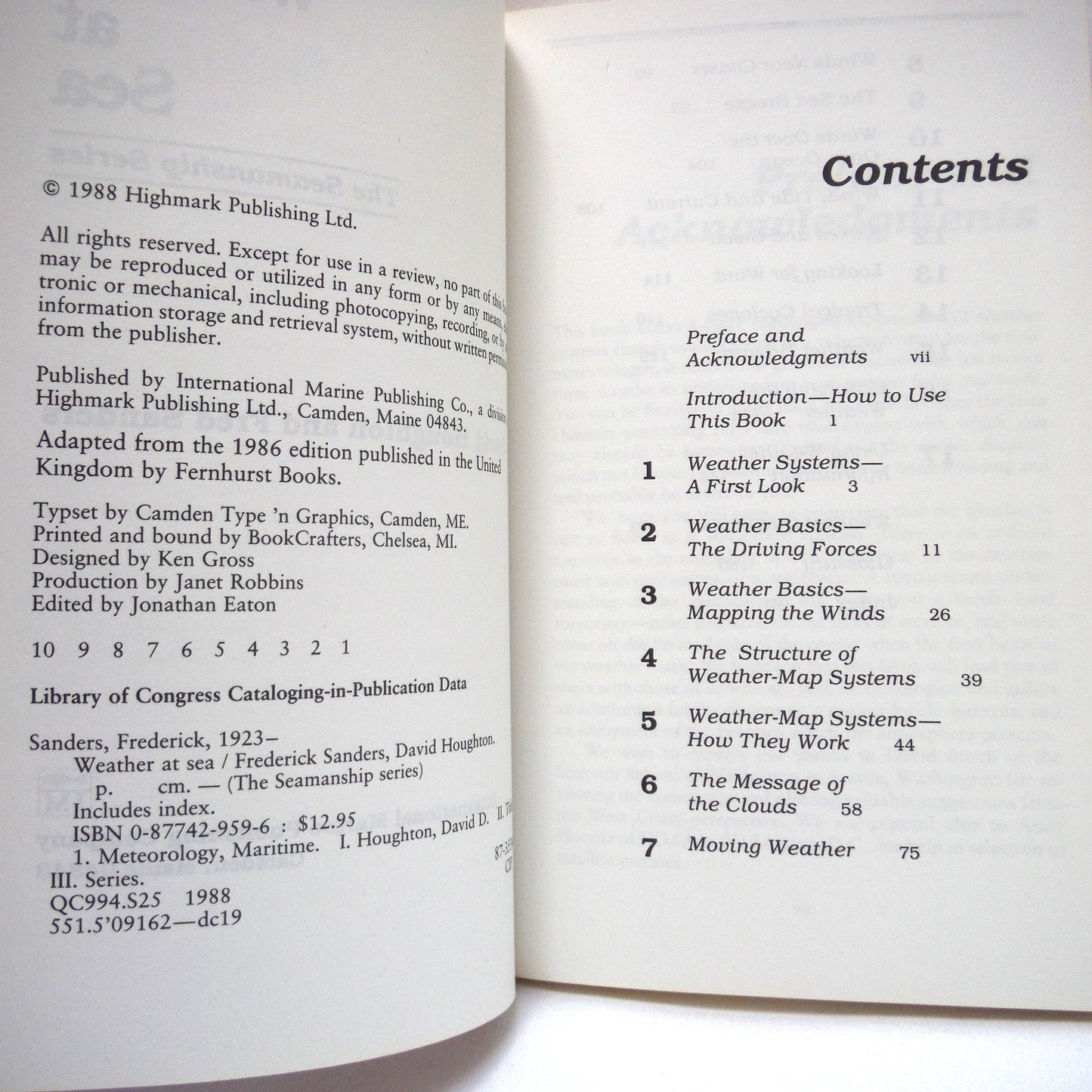 WEATHER AT SEA, The Seamanship Series, by David Houghton and Fred Sanders (1988 1st Ed.)