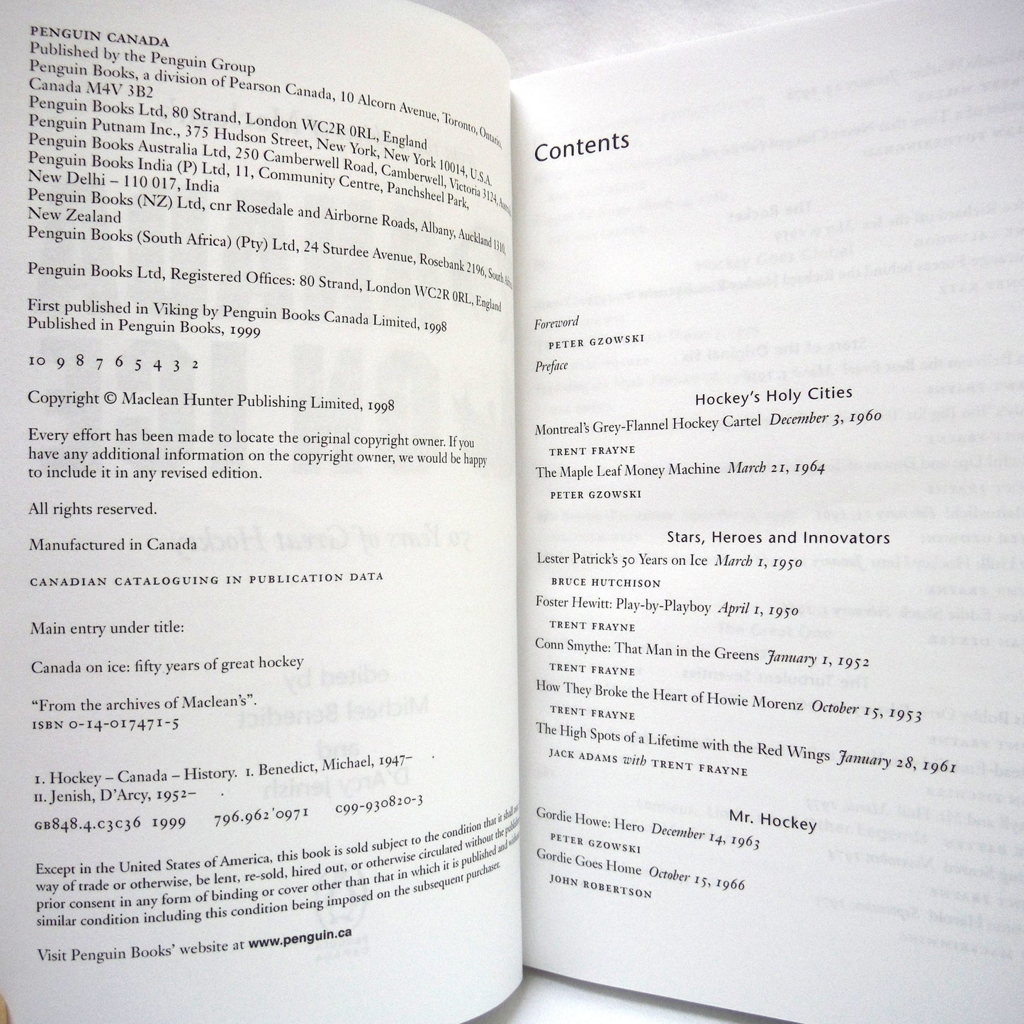 CANADA ON ICE, 50 Years of Great Hockey From the Archives of Maclean's, Forward by Peter Gzowski (1999 1st Ed.)