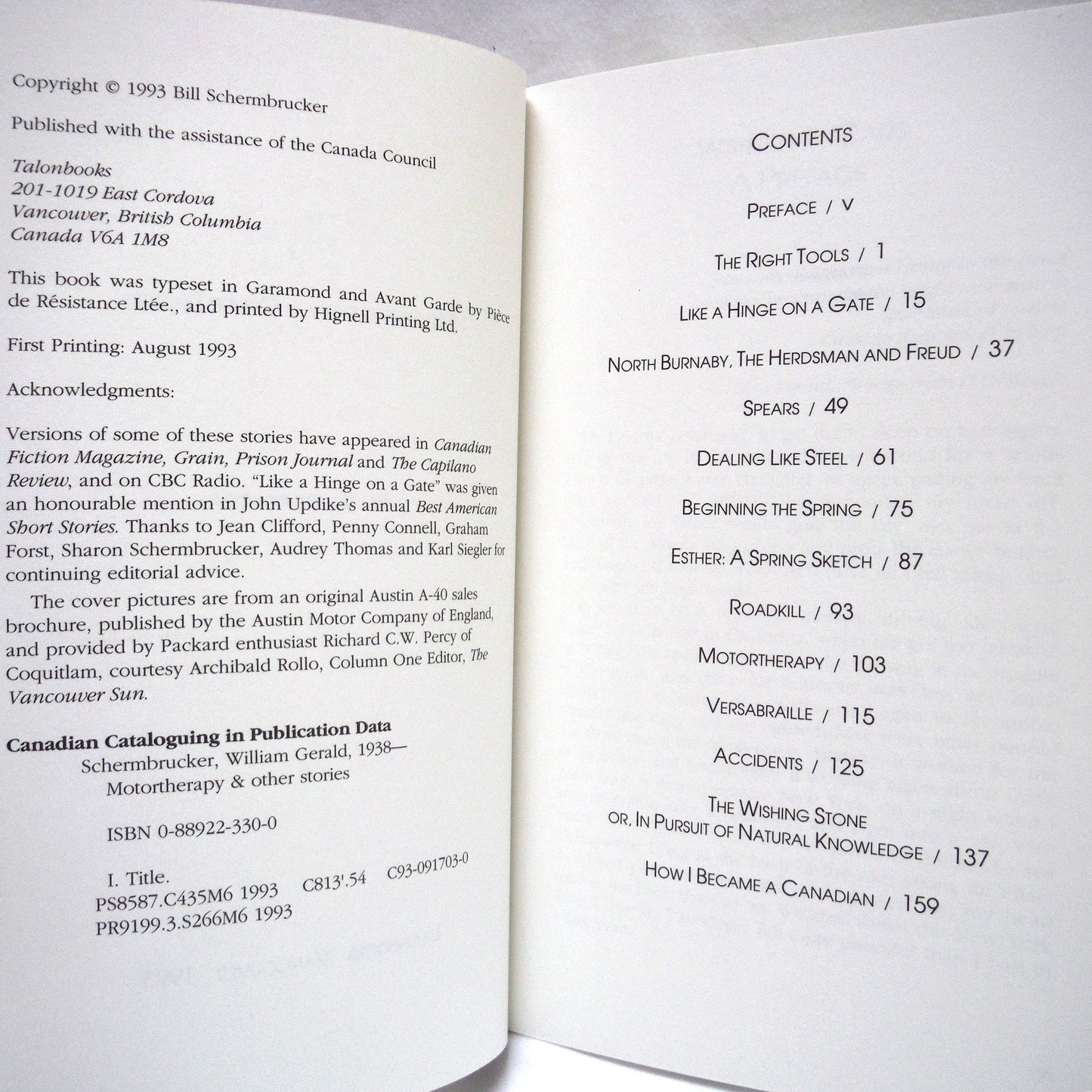 MOTORTHERAPY and Other Stories, by Bill Schermbrucker (1993 1st Ed.)