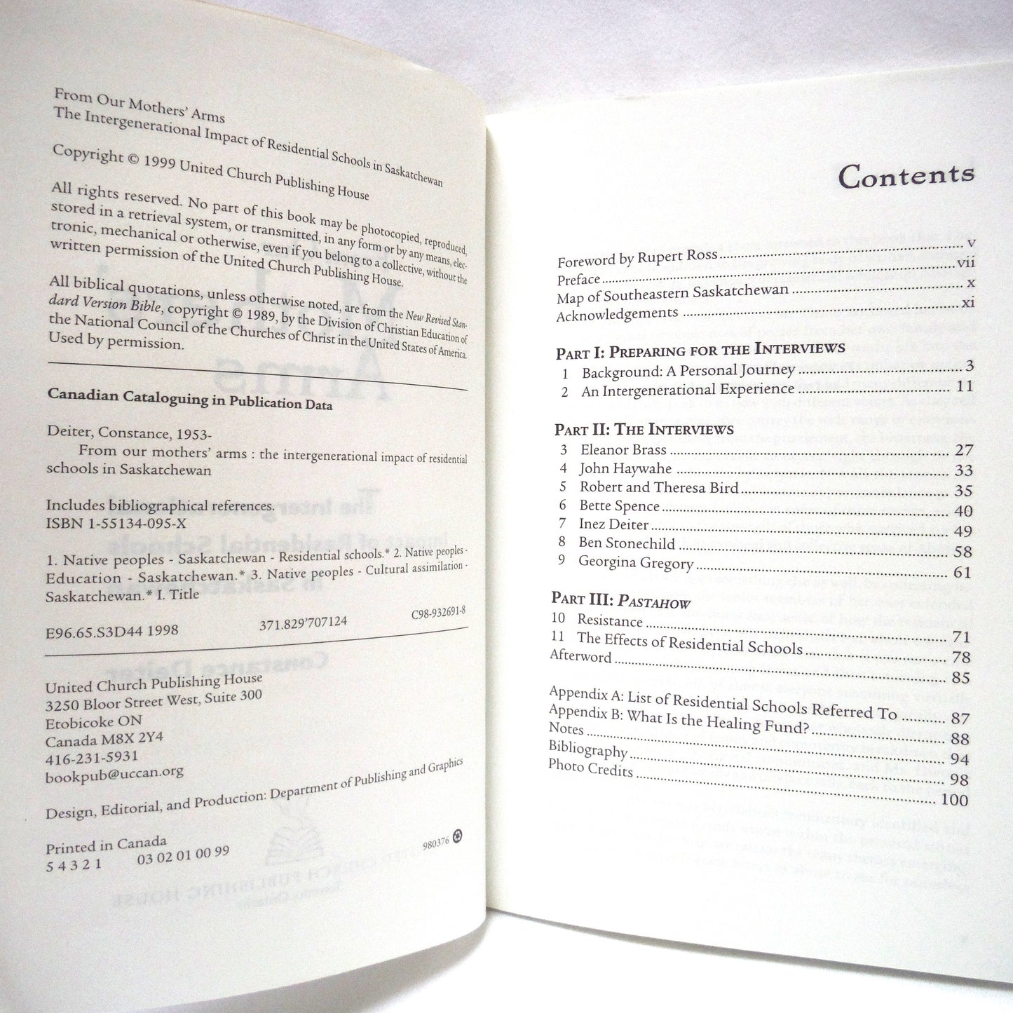 FROM OUR MOTHERS' ARMS, The Intergenerational Impact of Residential Schools in Saskatchewan, by Constance Deiter (1999 1st Ed.)