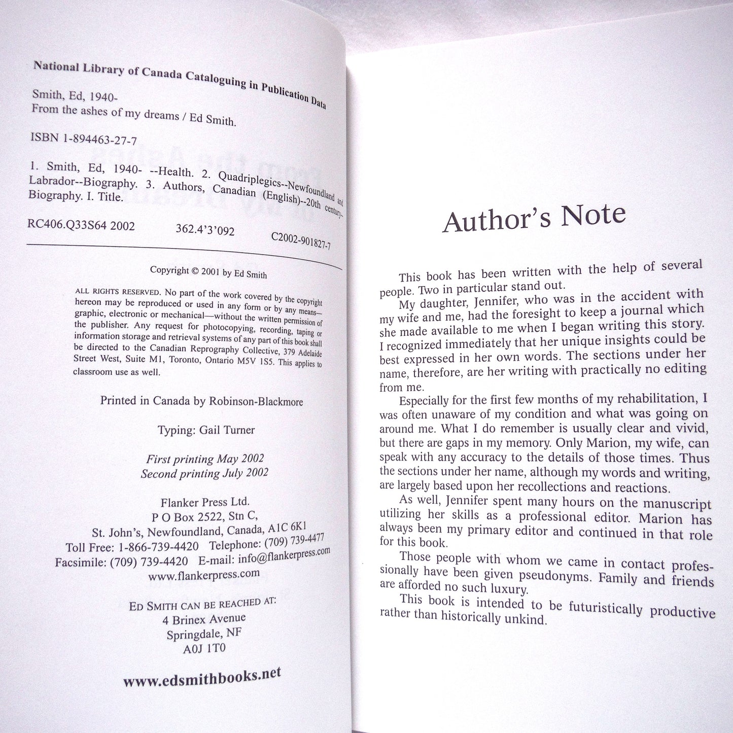 FROM THE ASHES OF MY DREAMS, by Ed Smith (2001 1st Ed.)