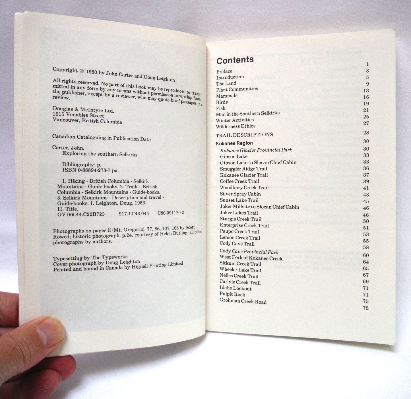 EXPLORING THE SOUTHERN SELKIRKS, Including the Valhallas and Kokanee Glacier Provincial Parks, by John Carter and Doug Leighton (1980 1st Ed.)