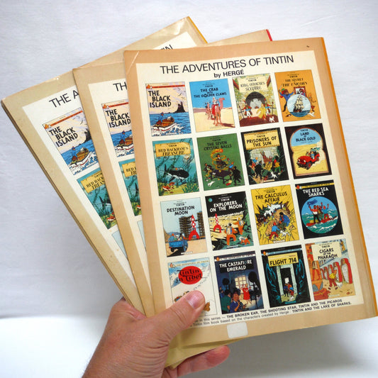 THE ADVENTURES OF TINTIN: A Paul's 3-Pack of Vintage 1975/1977 Tintin Comic Books created by Belgian cartoonist Hergé