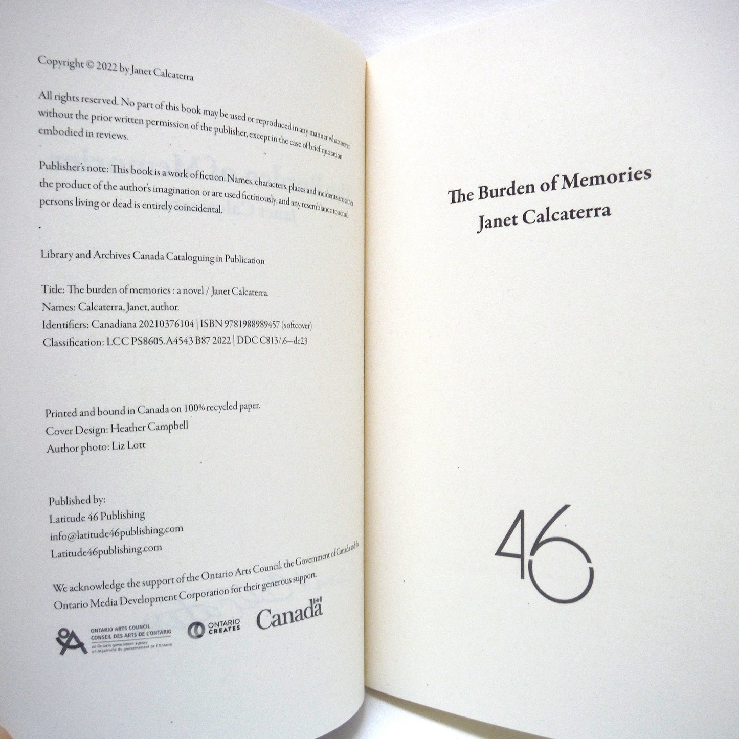 THE BURDEN OF MEMORIES, A Northern Ontario Novel by Janet Calcaterra (1st Ed. SIGNED)
