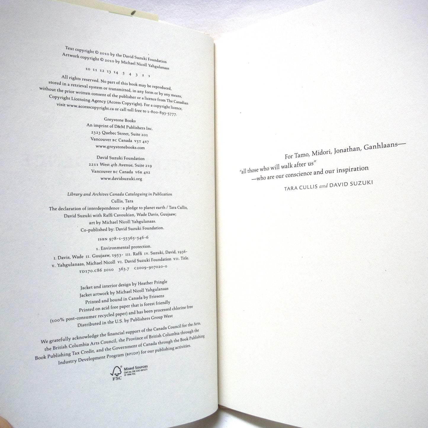 THE DECLARATION OF INTERDEPENDENCE, A Pledge to Planet Earth, by Tara Cussis and David Suzuki (1st Ed. SIGNED)