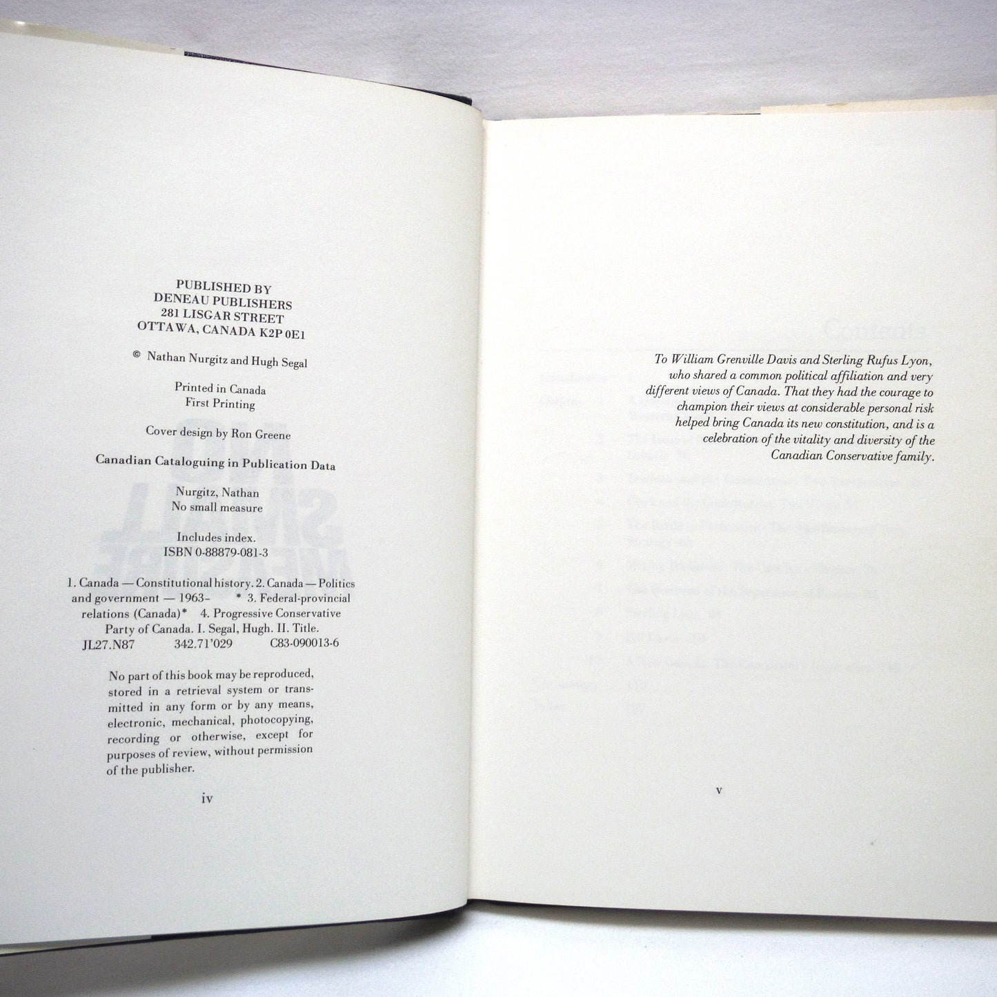 NO SMALL MEASURE, The Progressive Conservatives and the Constitution, by Nathan Nurgitz and Hugh Segal (1st Ed. SIGNED)