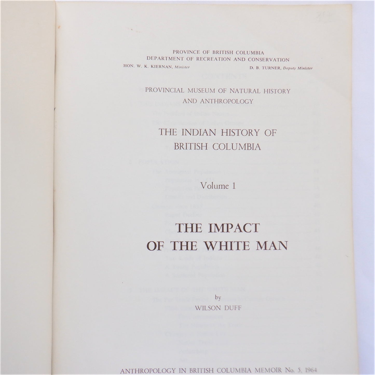 THE INDIAN HISTORY OF BRITISH COLUMBIA, Volume 1 -The Impact of the White Man, by Wilson Duff (1965 1st Ed.)