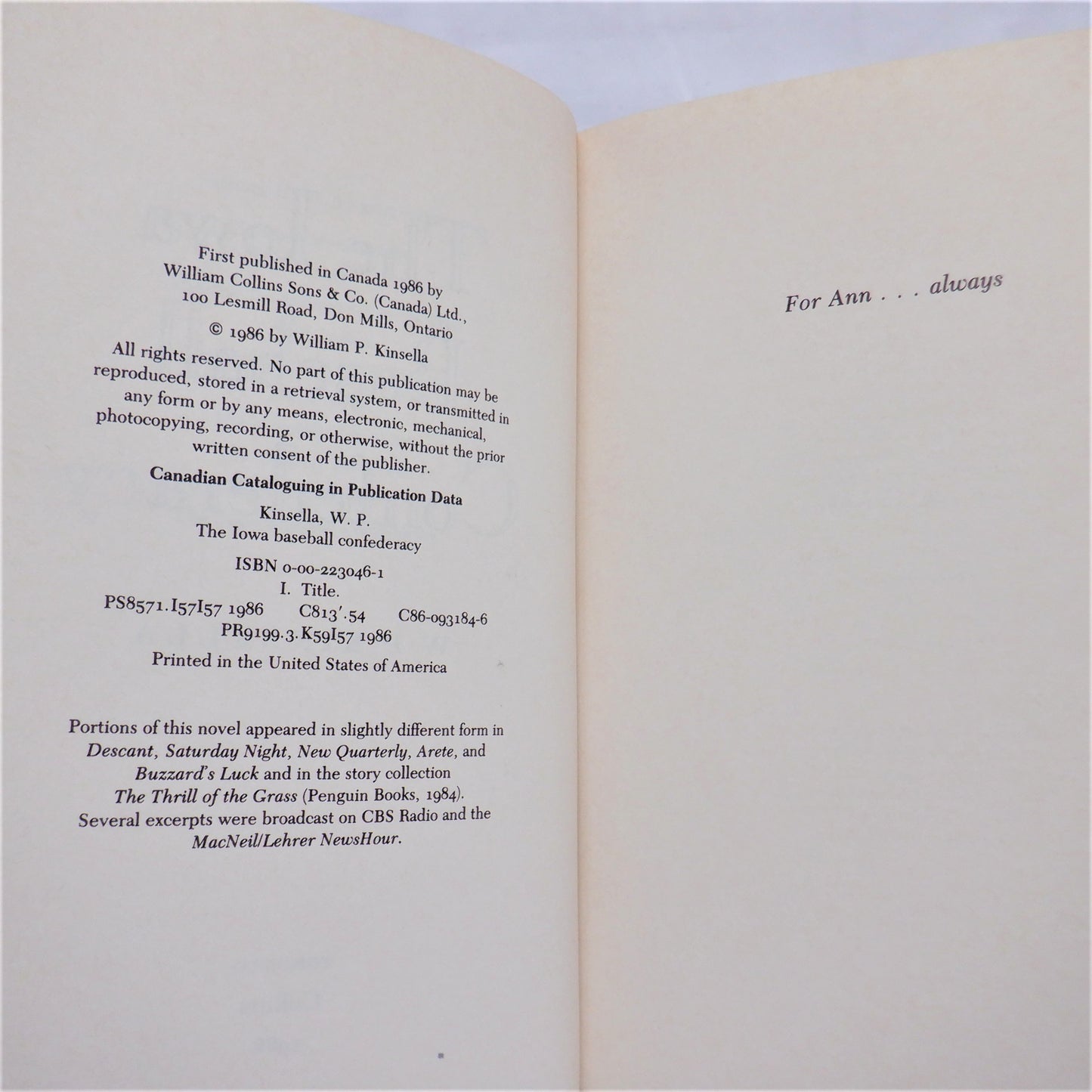 THE IOWA BASEBALL CONFEDERACY, by W.P. Kinsella (1986 1st Ed.)