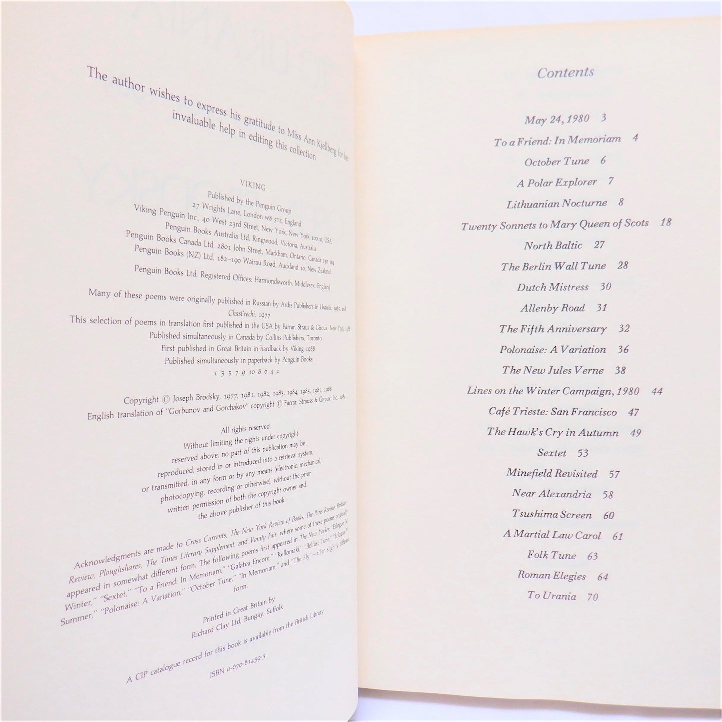 TO URANIA, SELECTED POEMS 1965-1985, by Joseph Brodsky, 1988