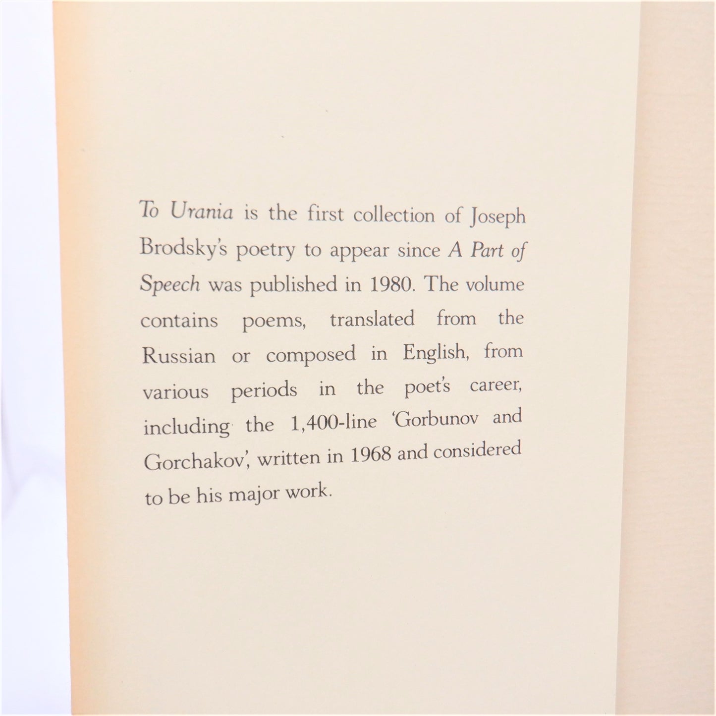 TO URANIA, SELECTED POEMS 1965-1985, by Joseph Brodsky, 1988