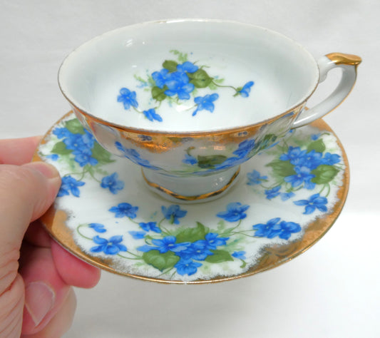 VINTAGE TEA CUP & SAUCER: Hand-Painted Blue Violet Theme by Castle China of Japan