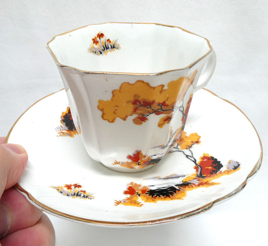 VINTAGE TEA CUP & SAUCER: Hand-Painted River Scene Theme by Melba Bone China of England