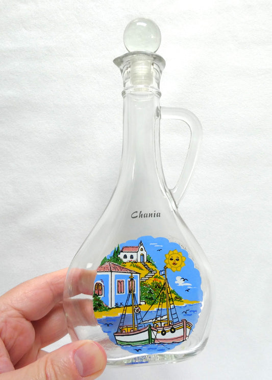 Greek Souvenir Glass Decanter, Four Shot Glasses, and Matching Serving Tray, All Hand-Made from Chania, Greece!
