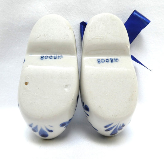 Vintage 3-Inch Pair of Ceramic Dutch Clogs by Delft of Holland, with Single Blue Ribbon