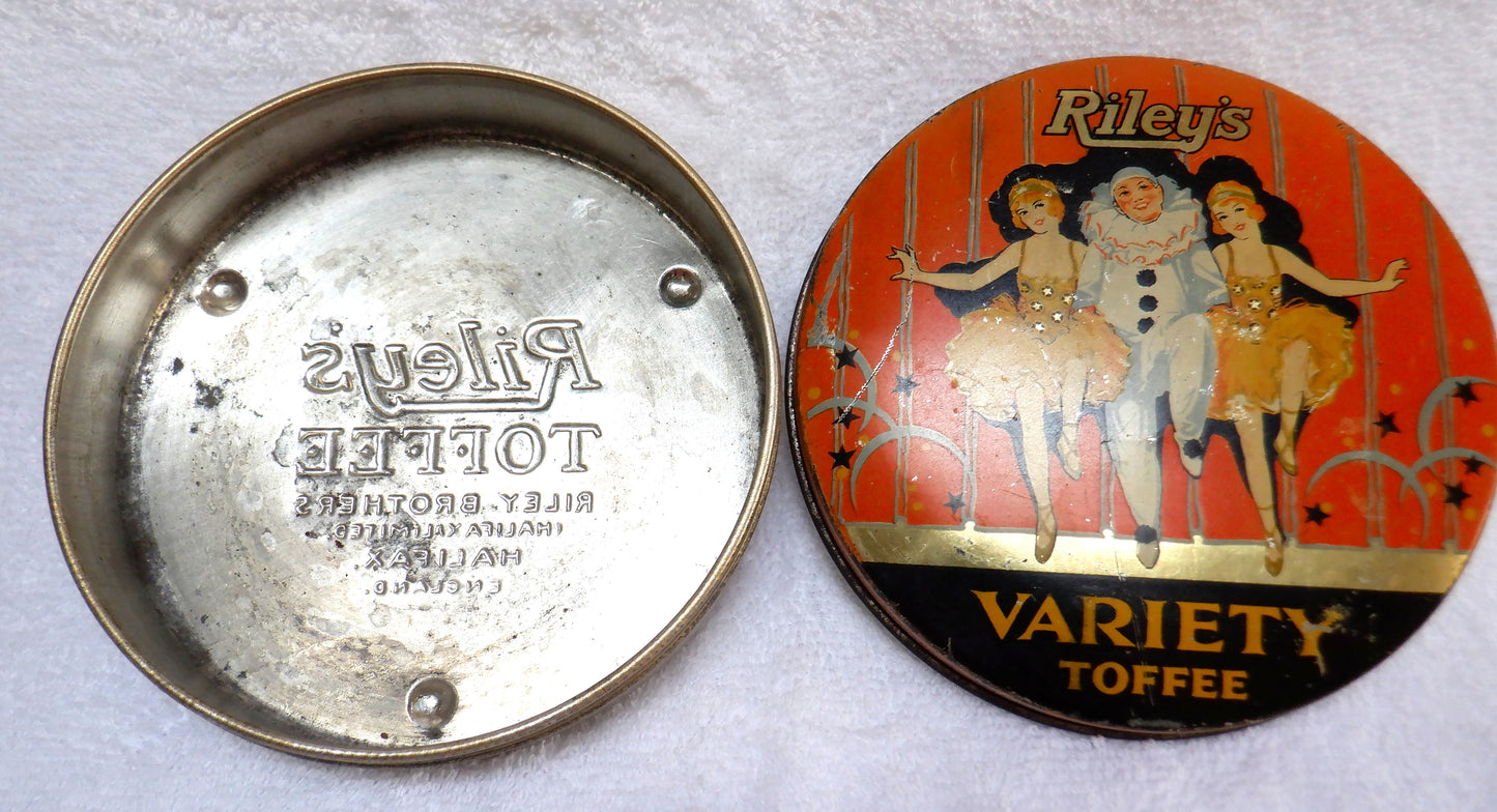 Vintage Tin Can Container, by RILEY'S VARIETY TOFFEE TIN of Halifax, England: 'The Vaudville Act'