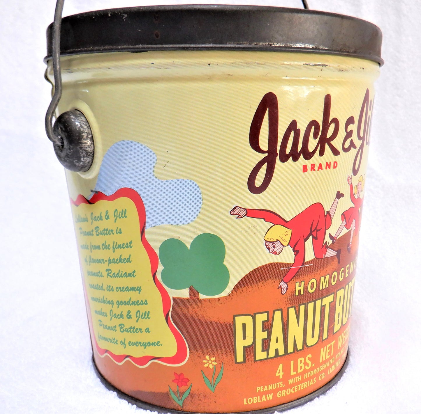 JACK & JILL PEANUT BUTTER, Vintage Mid-Century Tin Can Pail Made in CANADA