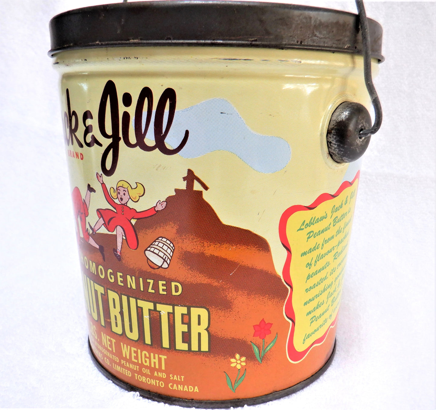 JACK & JILL PEANUT BUTTER, Vintage Mid-Century Tin Can Pail Made in CANADA
