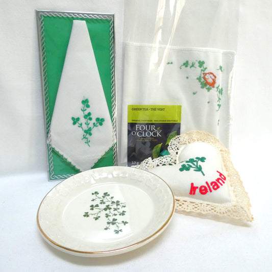 A Collection of Vintage Items Celebrating IRISH ARTS AND CRAFTS: Including Irish Pillow, Shamrock Ceramic Trinket Tray, Embroidered Tea Napkin, and Ladies Linen Handkerchief Set