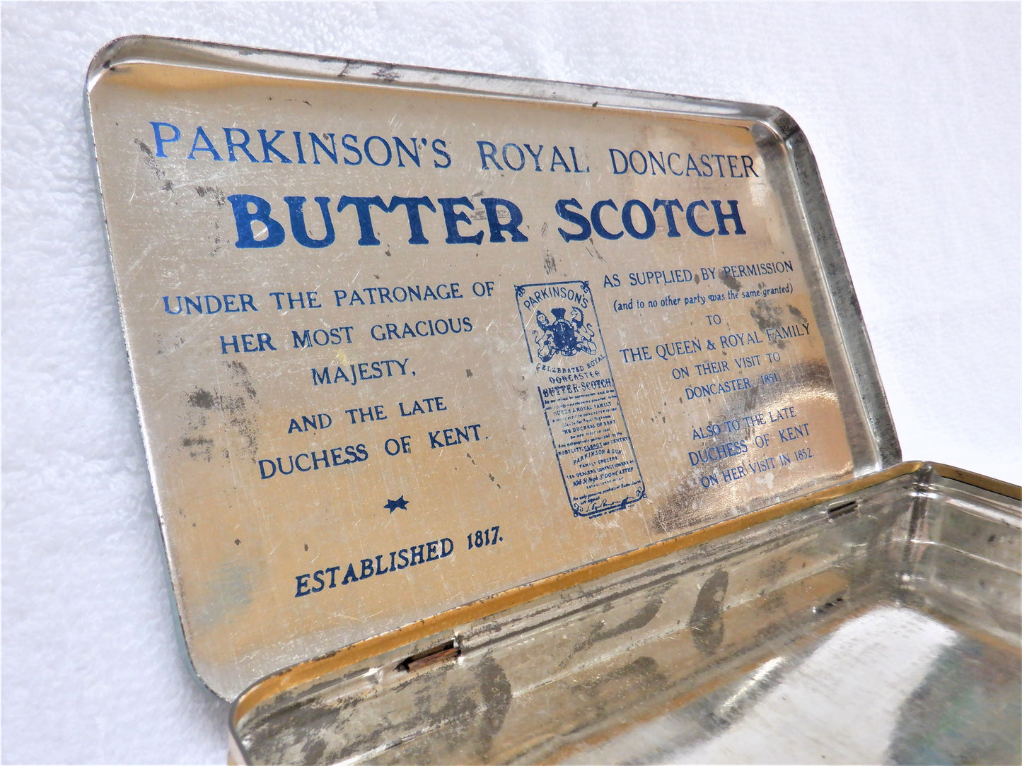 Antique Tin Container by PARKINSON'S Royal Doncaster: 'BUTTER-SCOTCH'