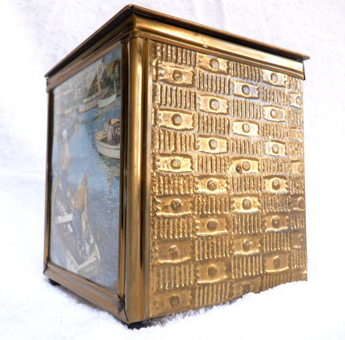 Antique Hand-Made Tobacco Humidor, Tin & Wood Container: 'TWO WOMEN FISHING THE RIVIERA'