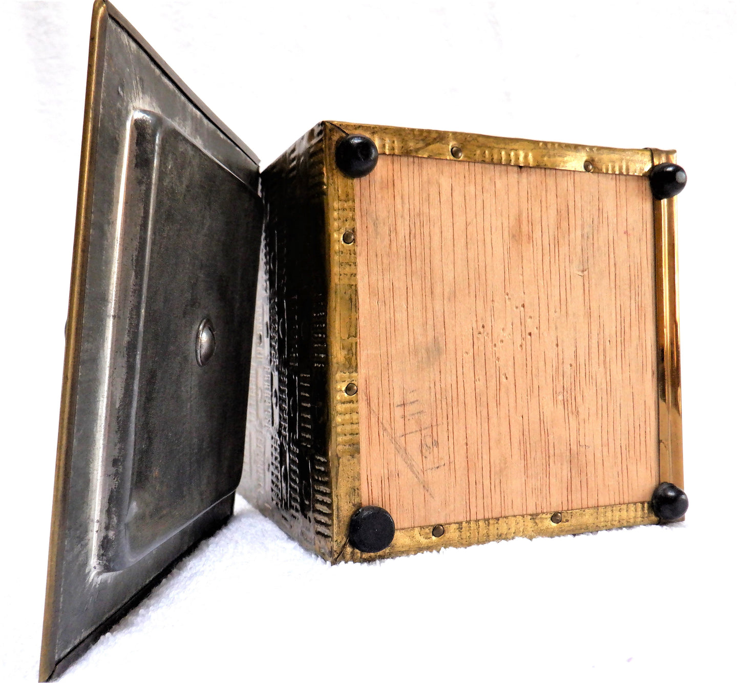 Antique Hand-Made Tobacco Humidor, Tin & Wood Container: 'TWO WOMEN FISHING THE RIVIERA'