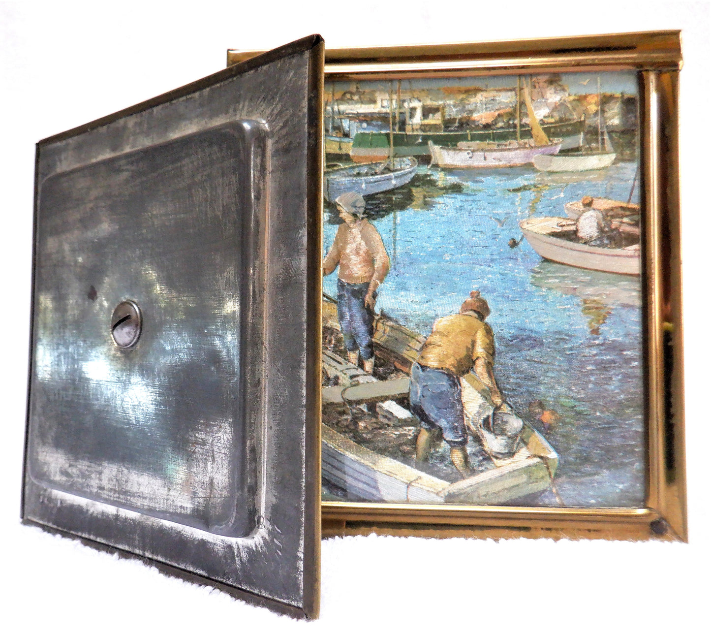 Antique Hand-Made Tobacco Humidor, Tin & Wood Container: 'TWO WOMEN FISHING THE RIVIERA'