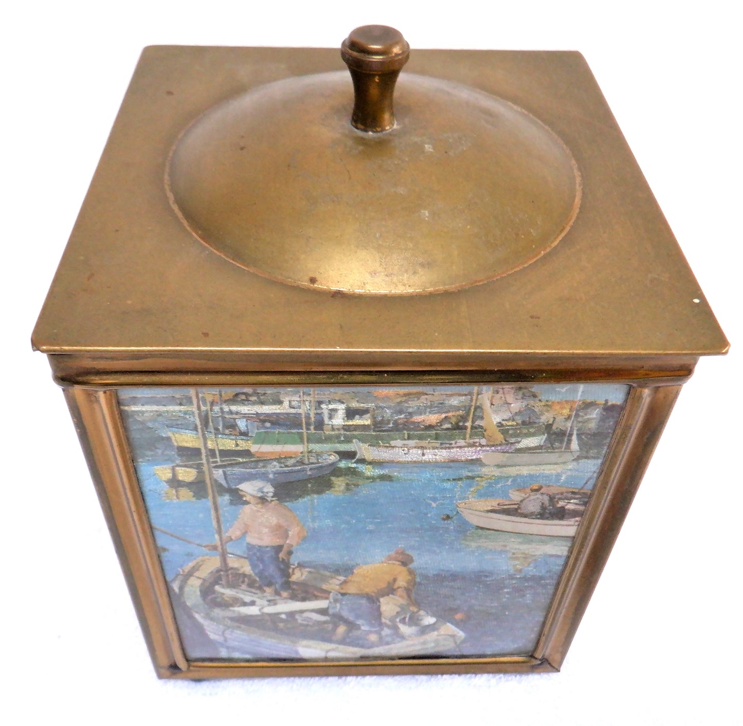 Antique Hand-Made Tobacco Humidor, Tin & Wood Container: 'TWO WOMEN FISHING THE RIVIERA'