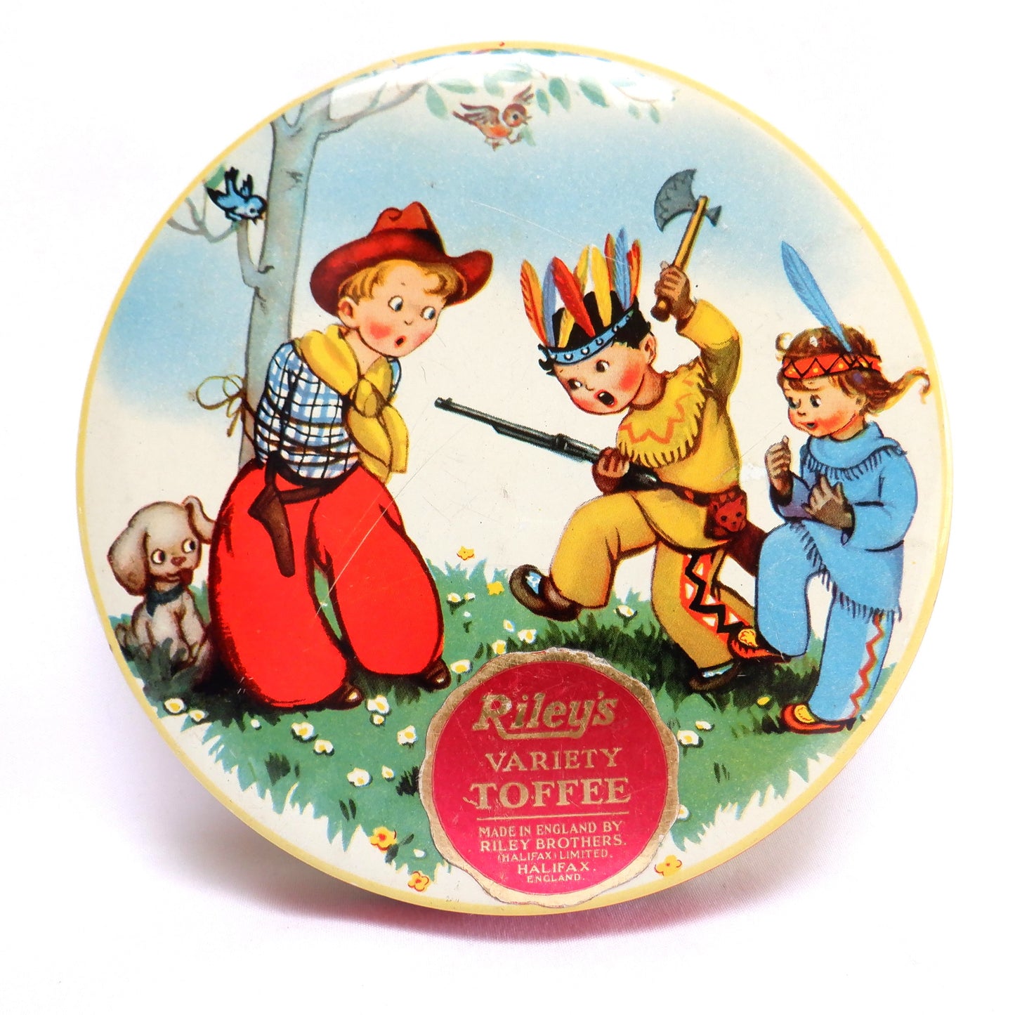 Vintage Toffee Tin by RILEY'S of Halifax, England: 'COWBOYS AND INDIANS'