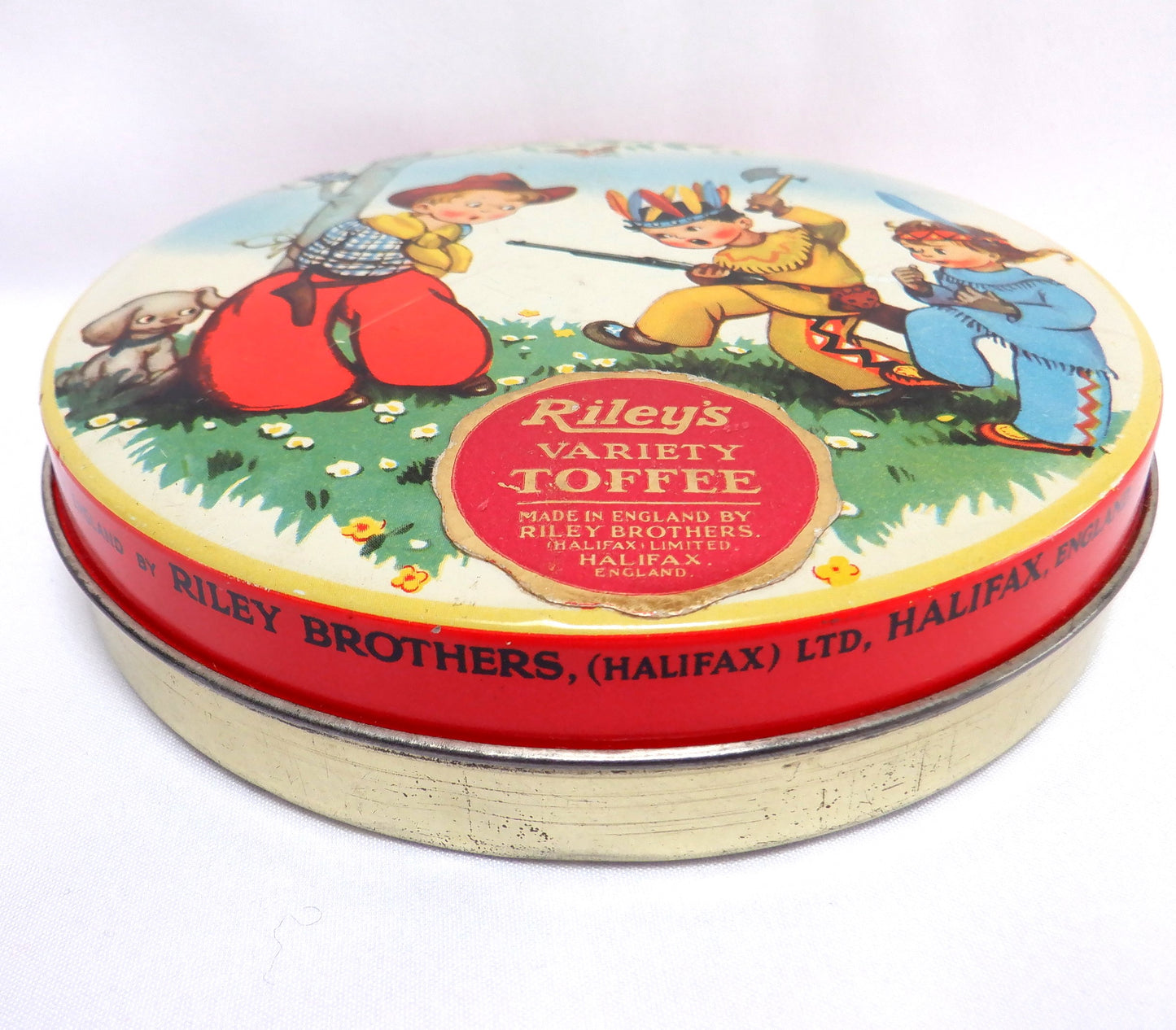 Vintage Toffee Tin by RILEY'S of Halifax, England: 'COWBOYS AND INDIANS'