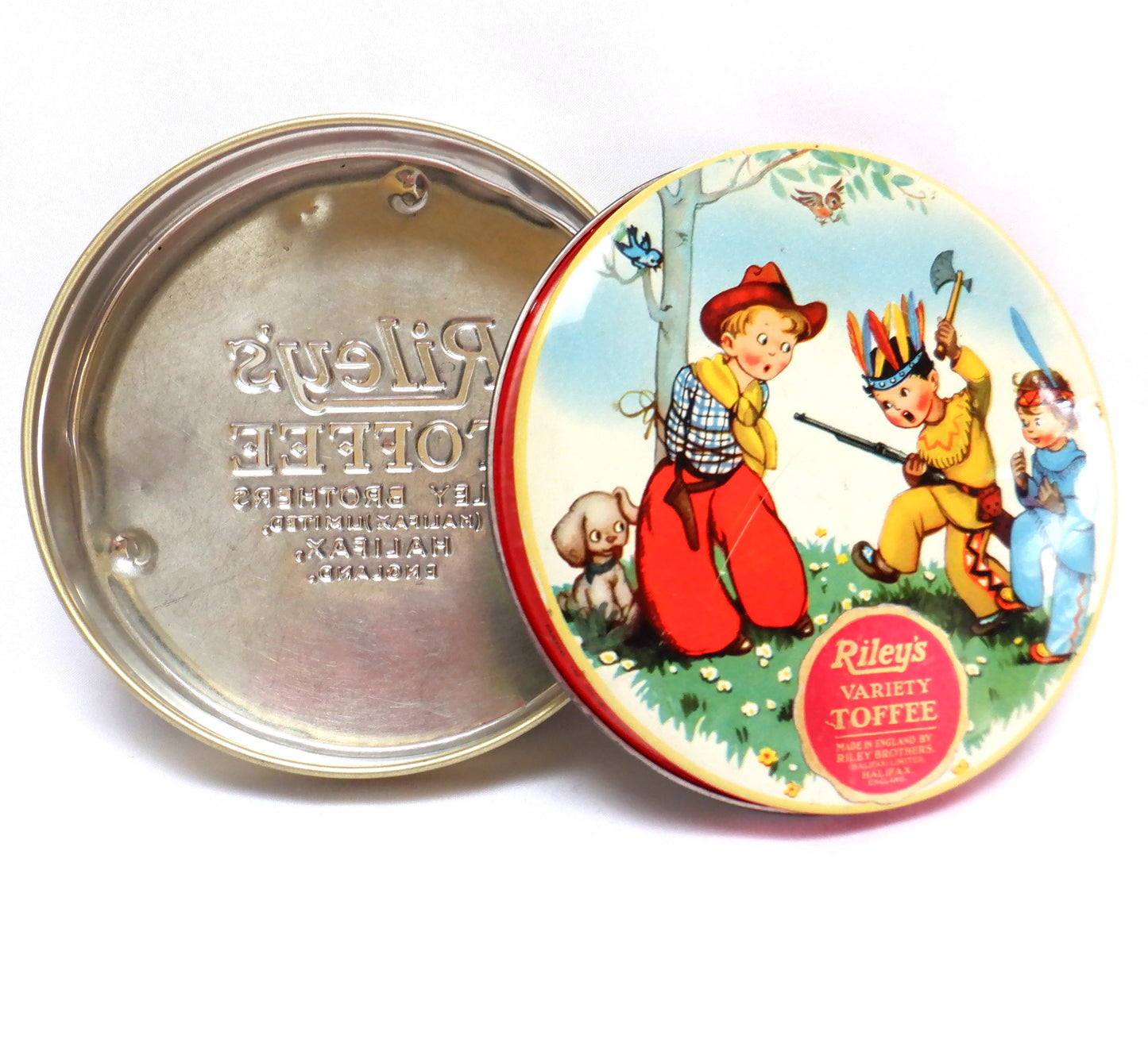 Vintage Toffee Tin by RILEY'S of Halifax, England: 'COWBOYS AND INDIANS'