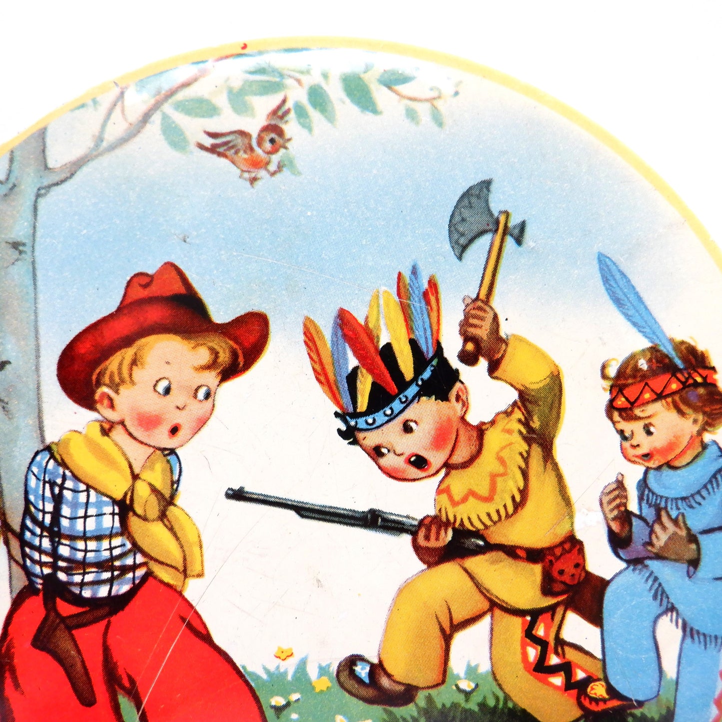 Vintage Toffee Tin by RILEY'S of Halifax, England: 'COWBOYS AND INDIANS'
