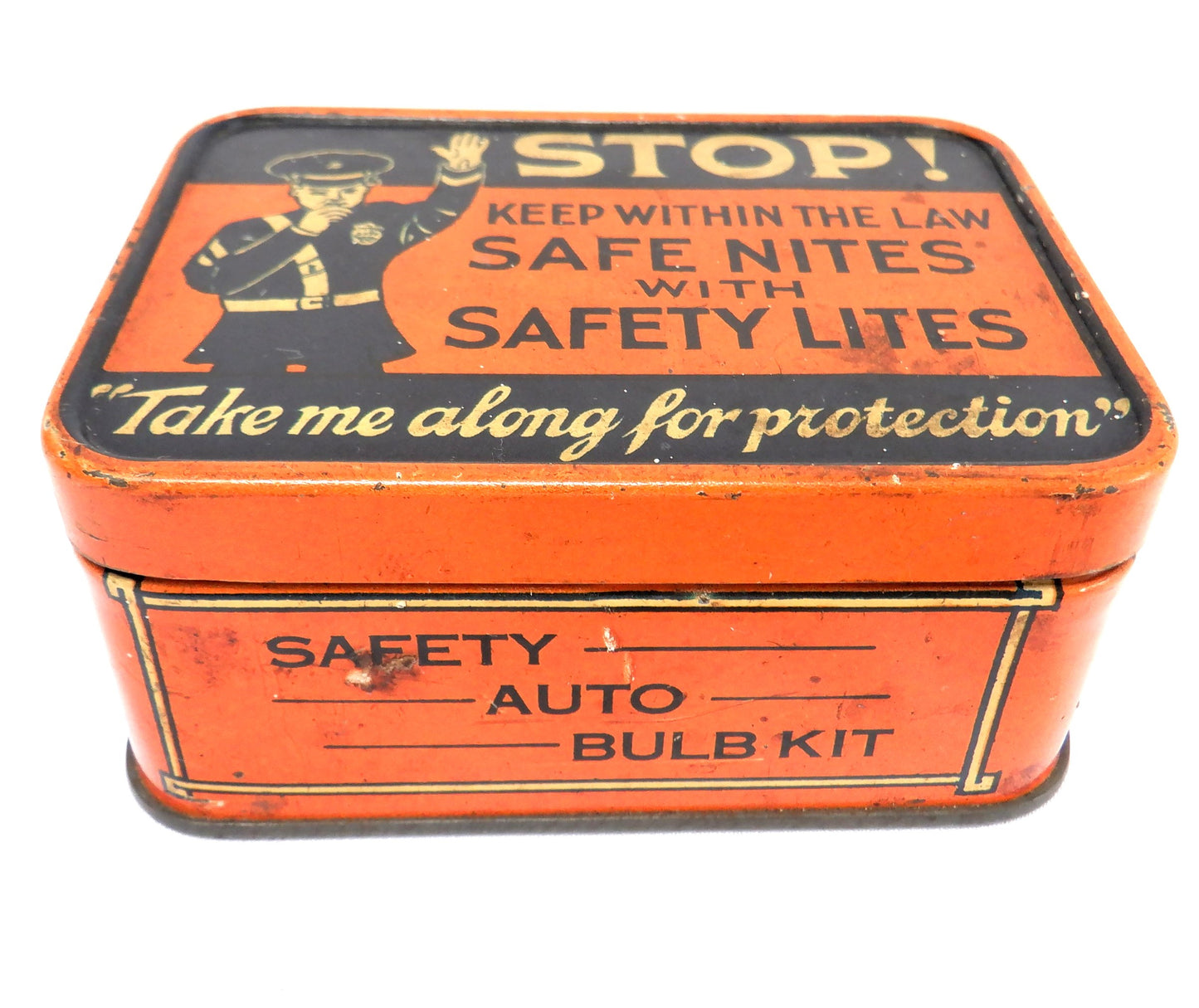 STOP! Keep Within The Law, SAFETY BULB BOX Vintage Tin Container