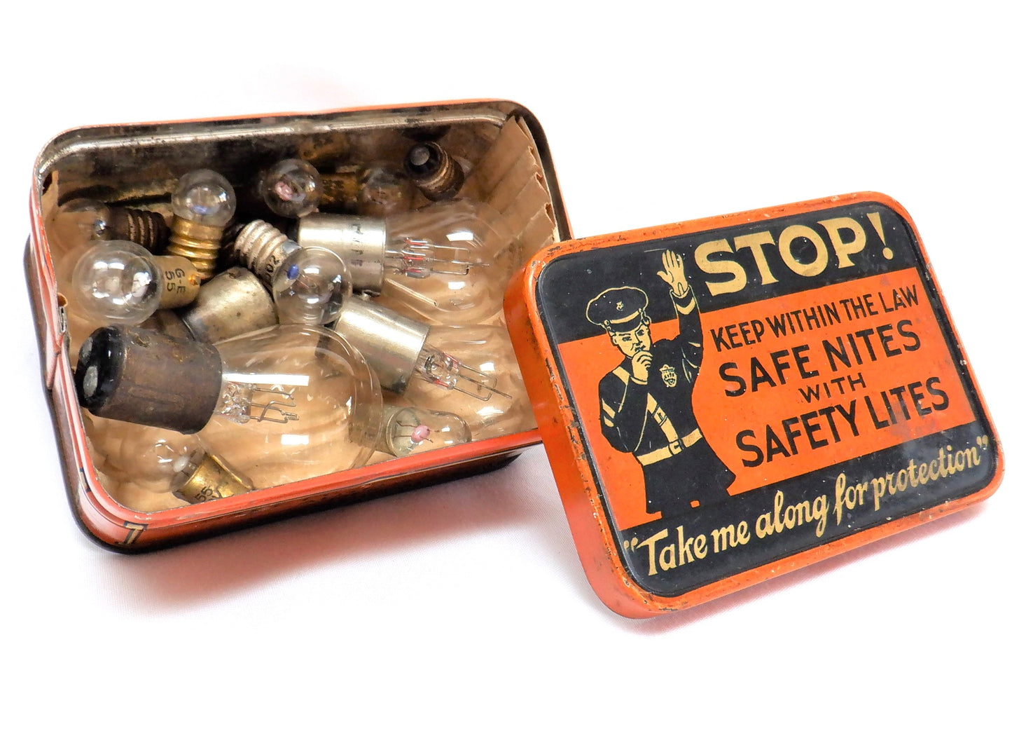 STOP! Keep Within The Law, SAFETY BULB BOX Vintage Tin Container