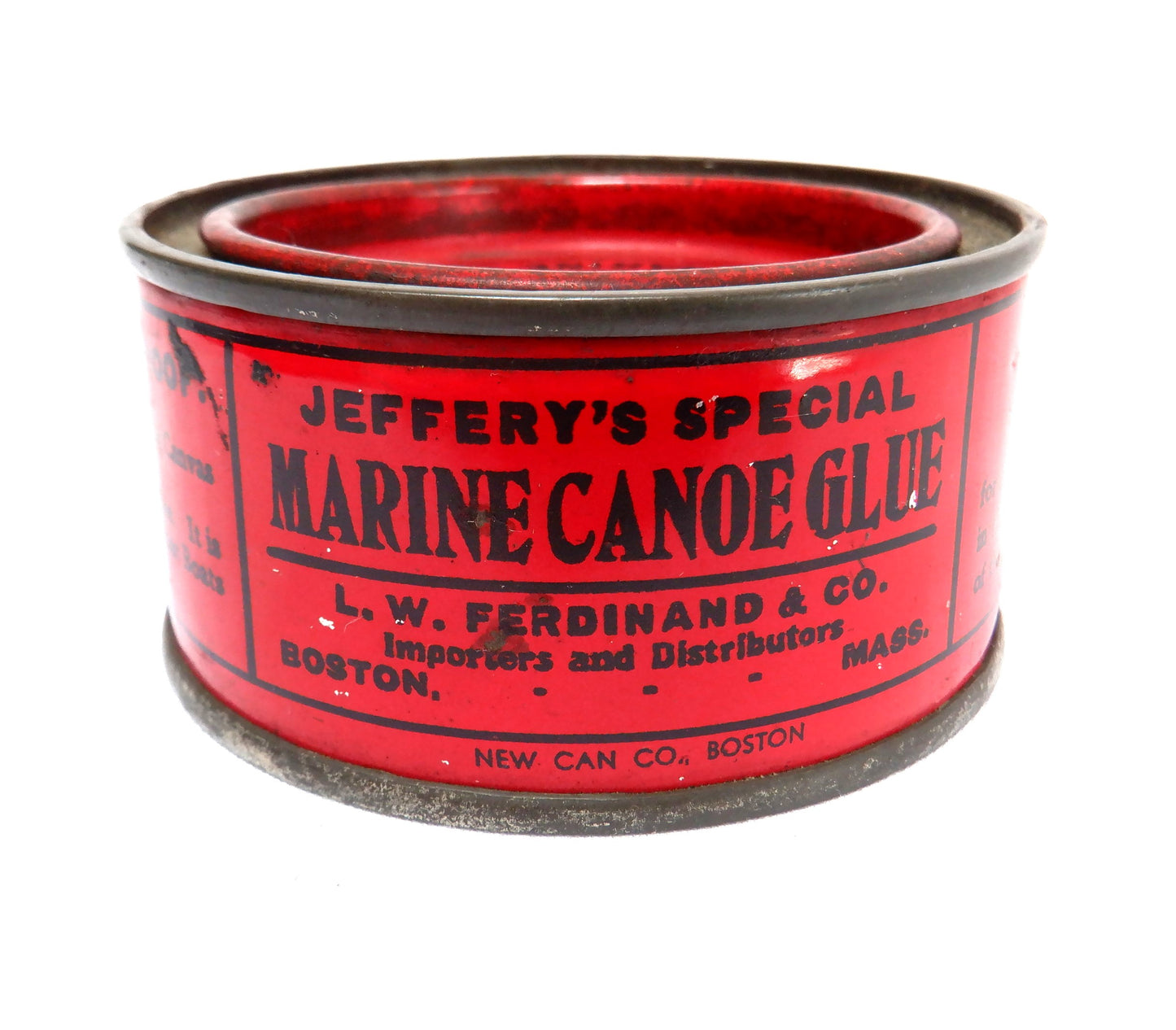 Antique Tin Can by L.W. Ferdinand of Boston, Massachusetts: 'JEFFERY'S SPECIAL MARINE CANOE GLUE'