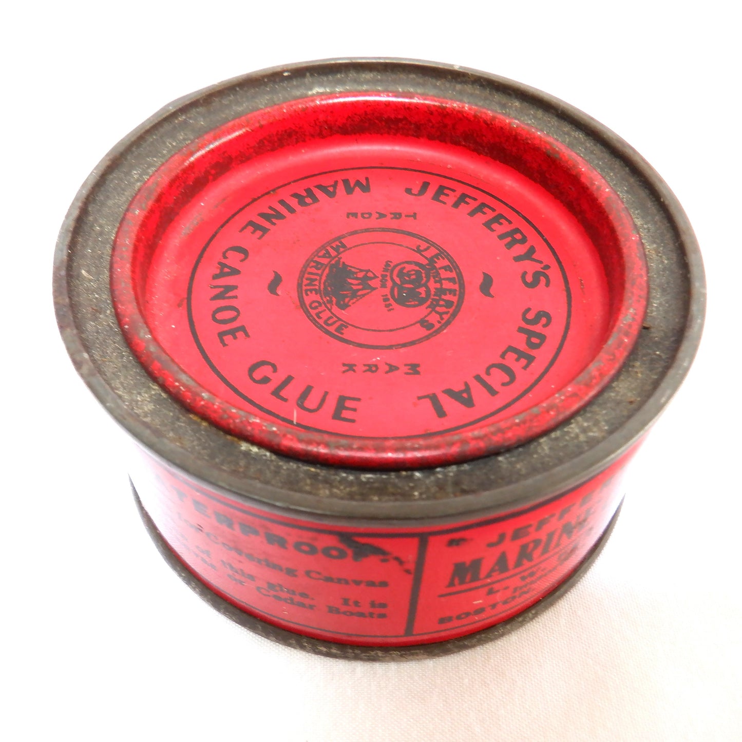 Antique Tin Can by L.W. Ferdinand of Boston, Massachusetts: 'JEFFERY'S SPECIAL MARINE CANOE GLUE'