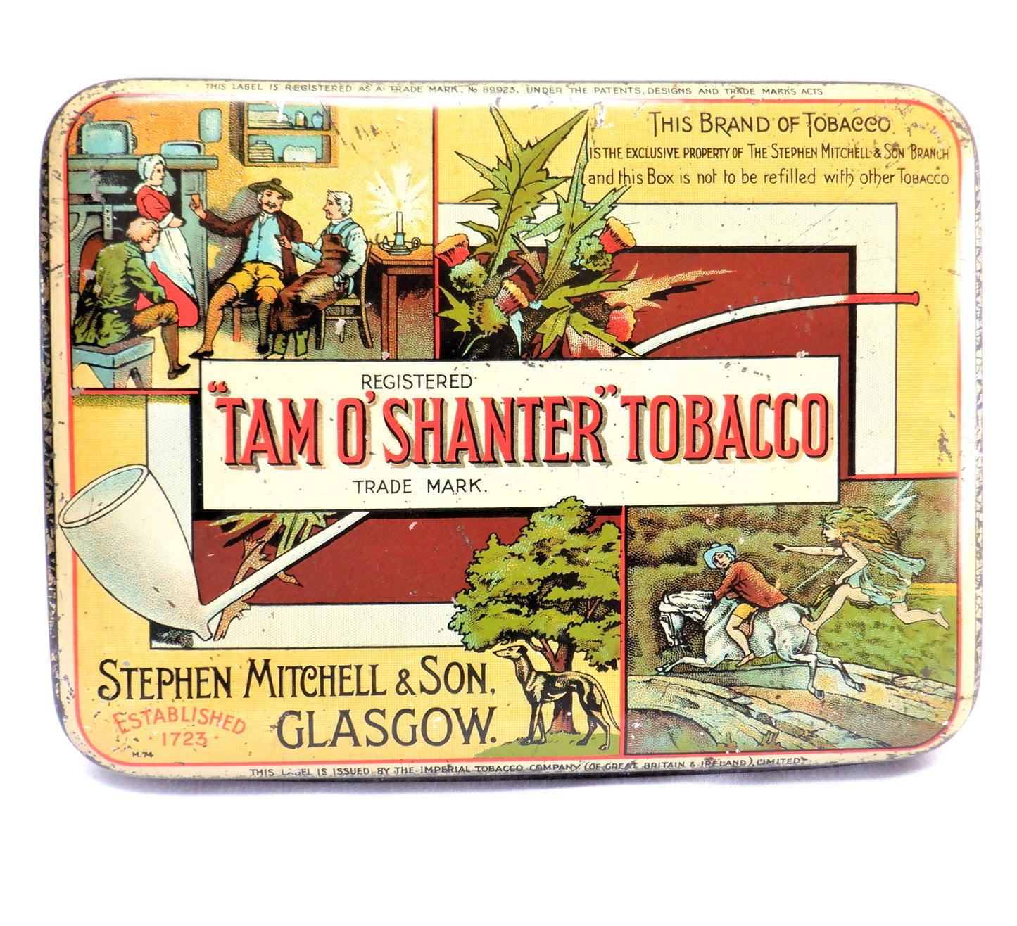 TAM O'SHANTER IRISH TOBACCO ANTIQUE TIN, by Stephen Mitchell & Son of Glasgow, Scotland