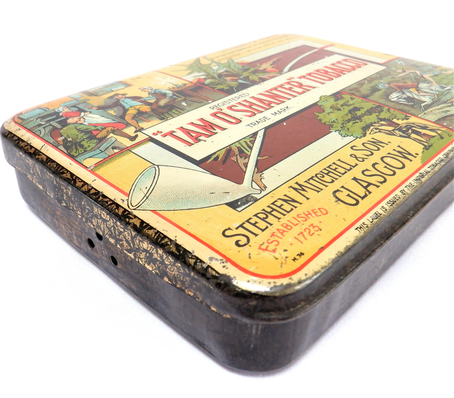 TAM O'SHANTER IRISH TOBACCO ANTIQUE TIN, by Stephen Mitchell & Son of Glasgow, Scotland