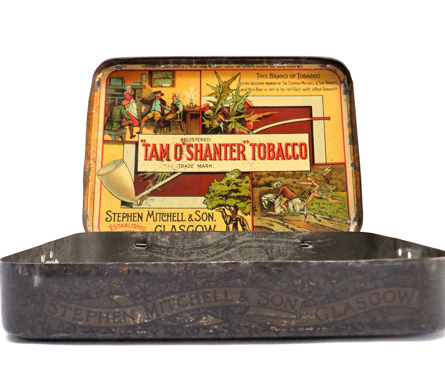 TAM O'SHANTER IRISH TOBACCO ANTIQUE TIN, by Stephen Mitchell & Son of Glasgow, Scotland