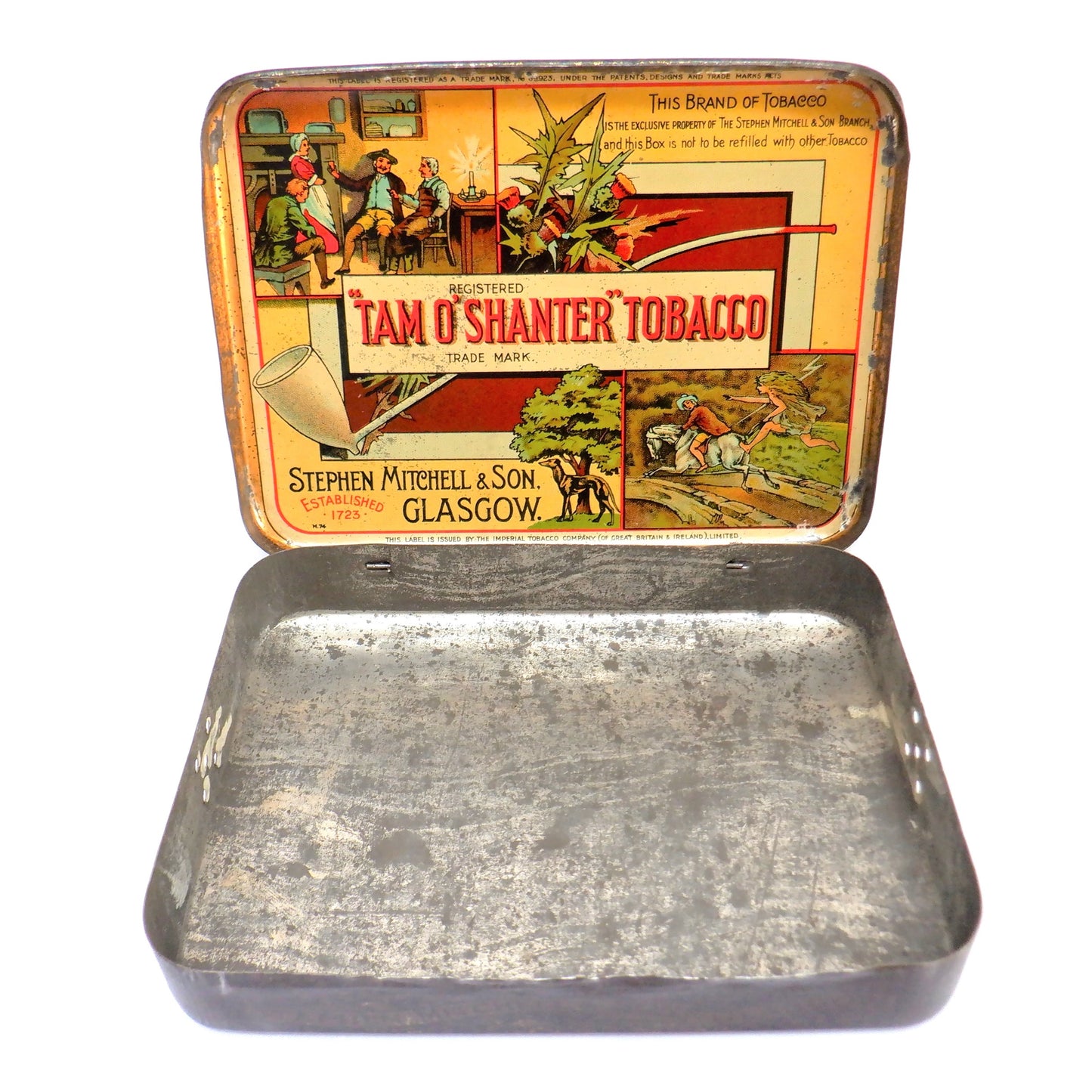 TAM O'SHANTER IRISH TOBACCO ANTIQUE TIN, by Stephen Mitchell & Son of Glasgow, Scotland