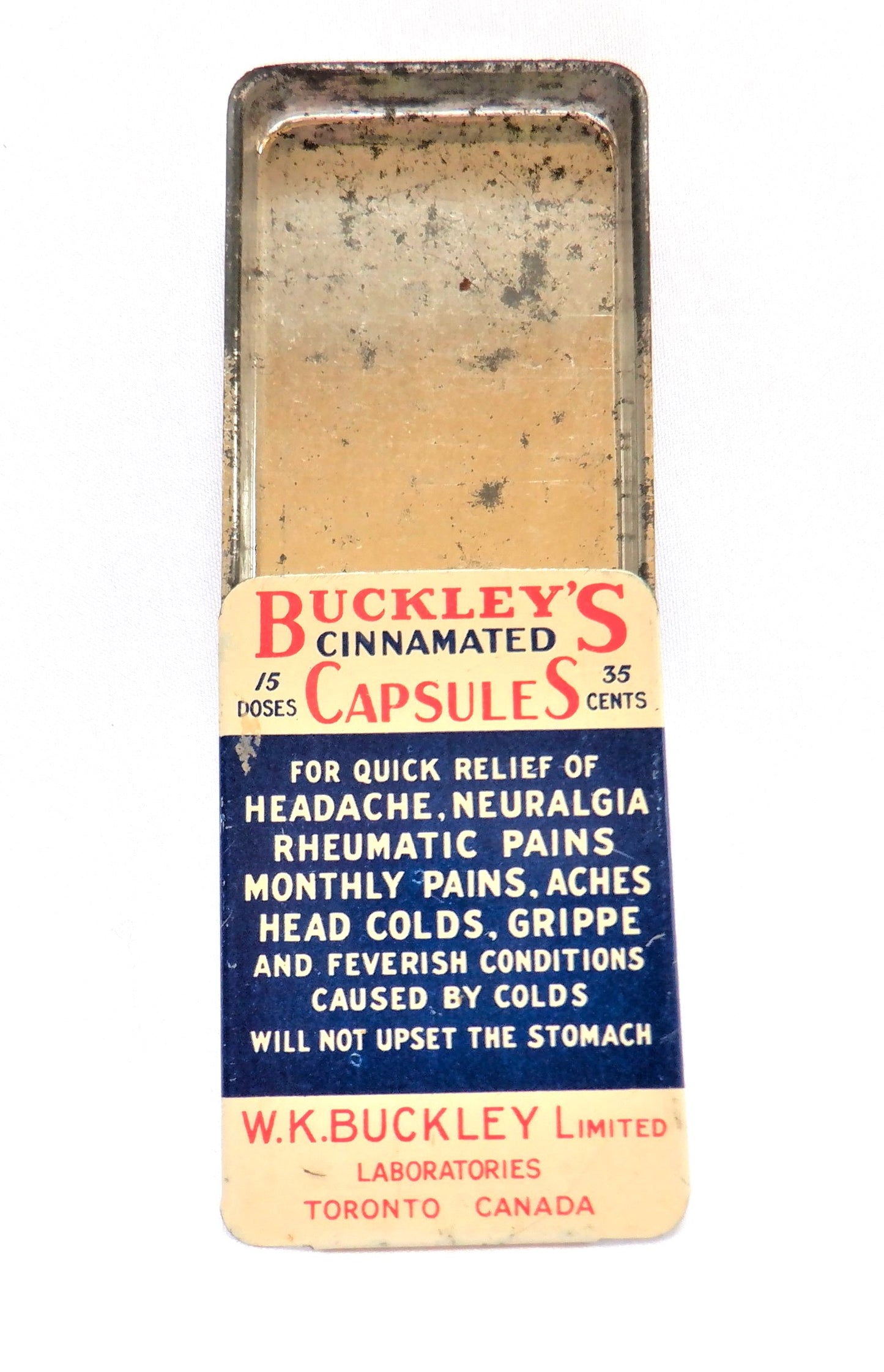 An Antique Canadian Tin Container by BUCKLEY'S CINNAMATED CAPSULES