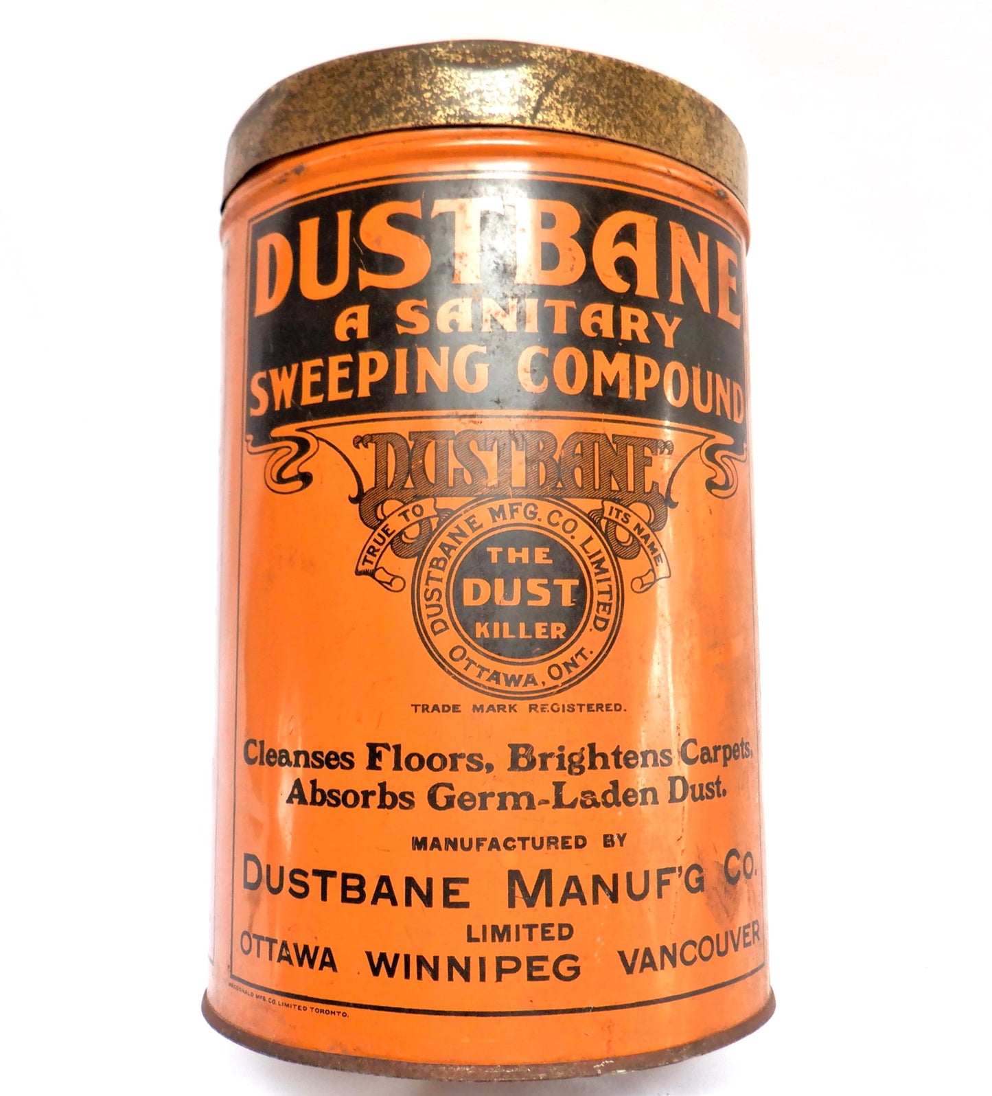 DUSTBANE SANITARY SWEEPING COMPOUND, Rare Antique Tin Can Container from Ottawa, CANADA!