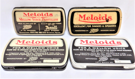 MELOIDS LICORICE, MENTHOL & CAPSICUM THROAT LOZENGE, A Paul's 4-Pack of Vintage Tins