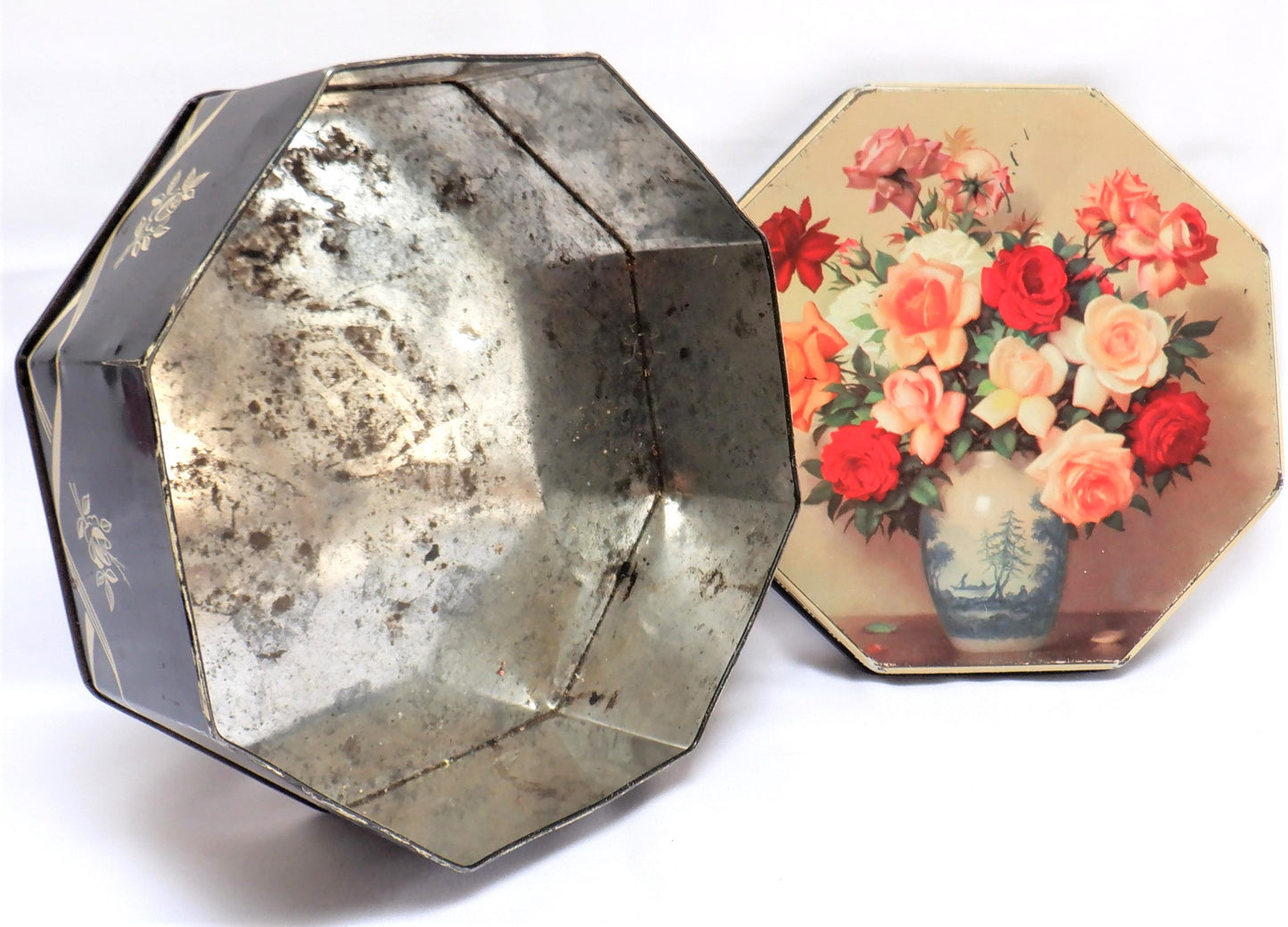 Antique Tin Container by Harry Vincent Limited of Hunnington, England: 'VASE OF ROSES'