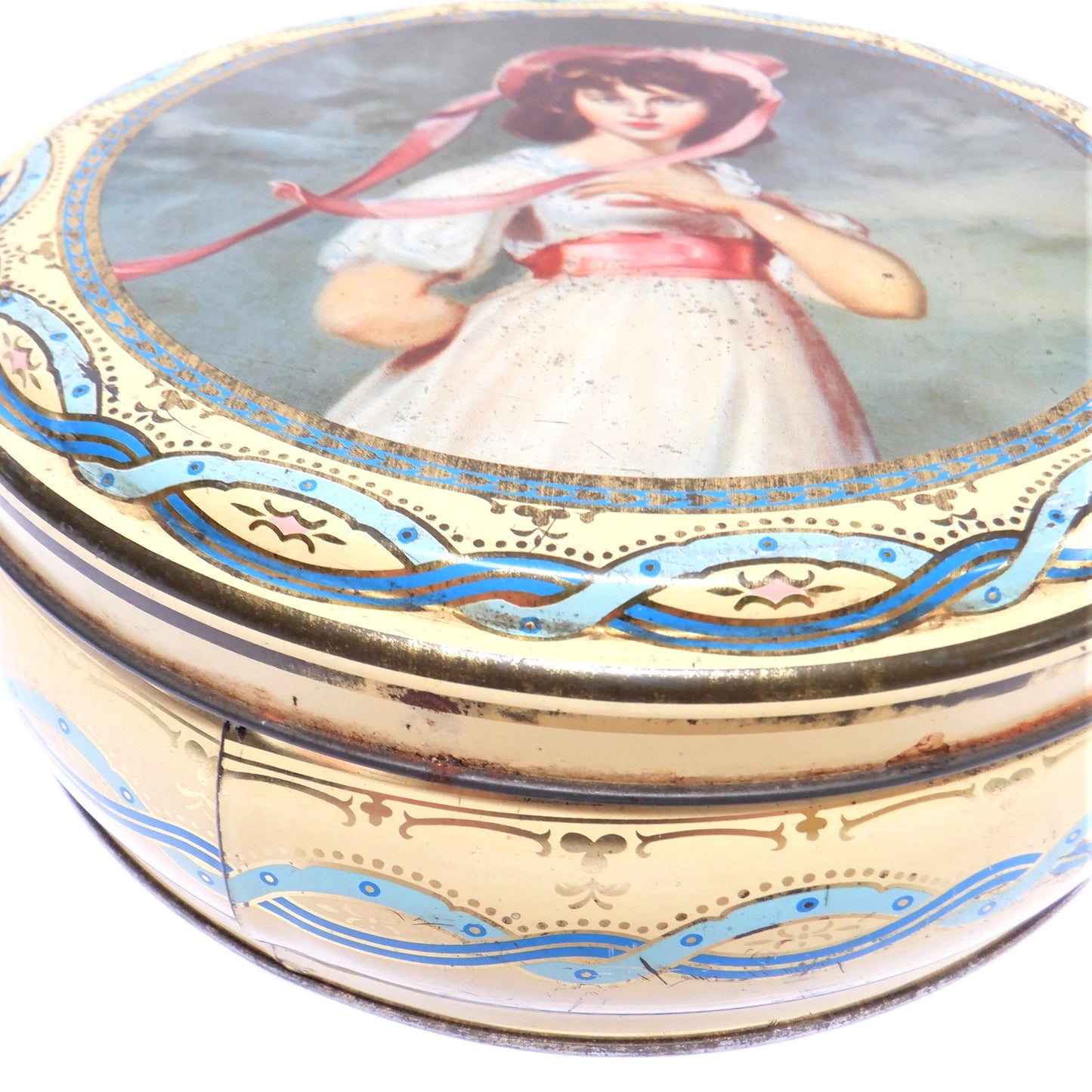 Vintage Tin by PEEK FREAN & COMPANY of London, England: 'Girl in a Pink Bonnet and Sash'