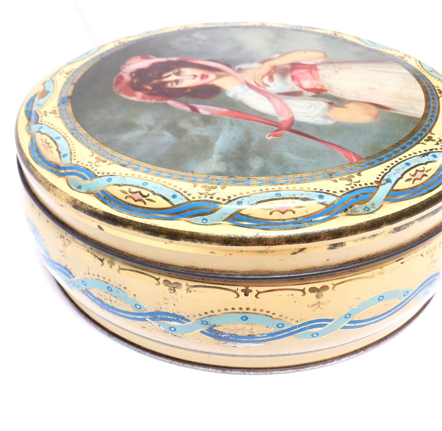 Vintage Tin by PEEK FREAN & COMPANY of London, England: 'Girl in a Pink Bonnet and Sash'